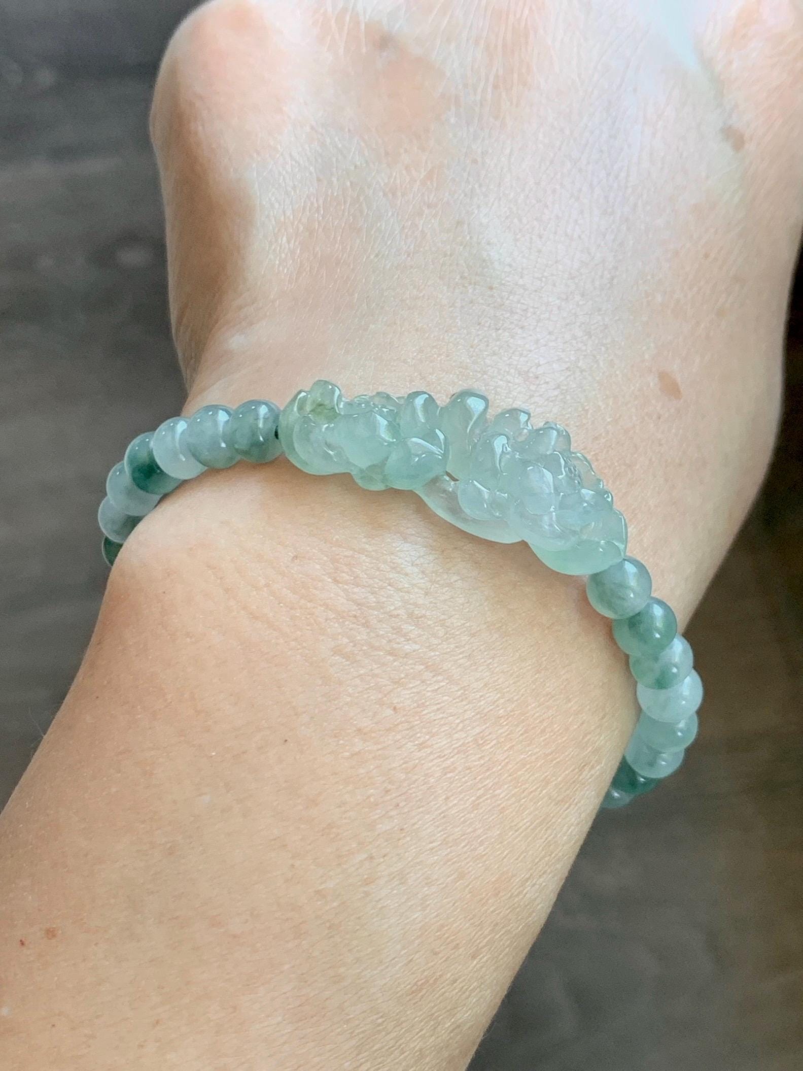 Natural Grade A Icy Highly Translucent Light Green Marbled Jade Jadeite Lotus Flower Drum Beads Beaded Bracelet 6.75" 天然冰胶飘花翡翠莲花鼓珠手串 MPL555