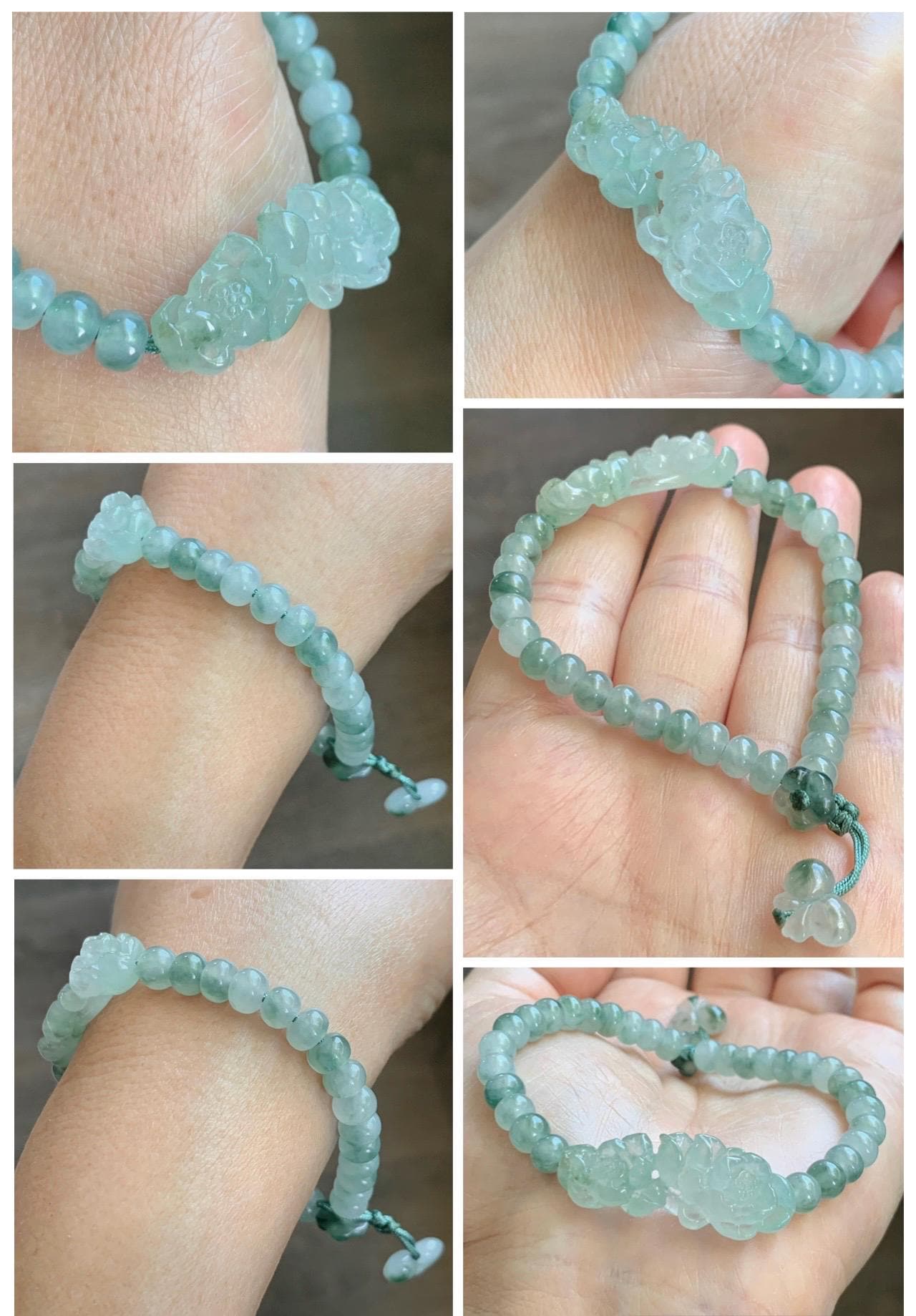 Natural Grade A Icy Highly Translucent Light Green Marbled Jade Jadeite Lotus Flower Drum Beads Beaded Bracelet 6.75" 天然冰胶飘花翡翠莲花鼓珠手串 MPL555