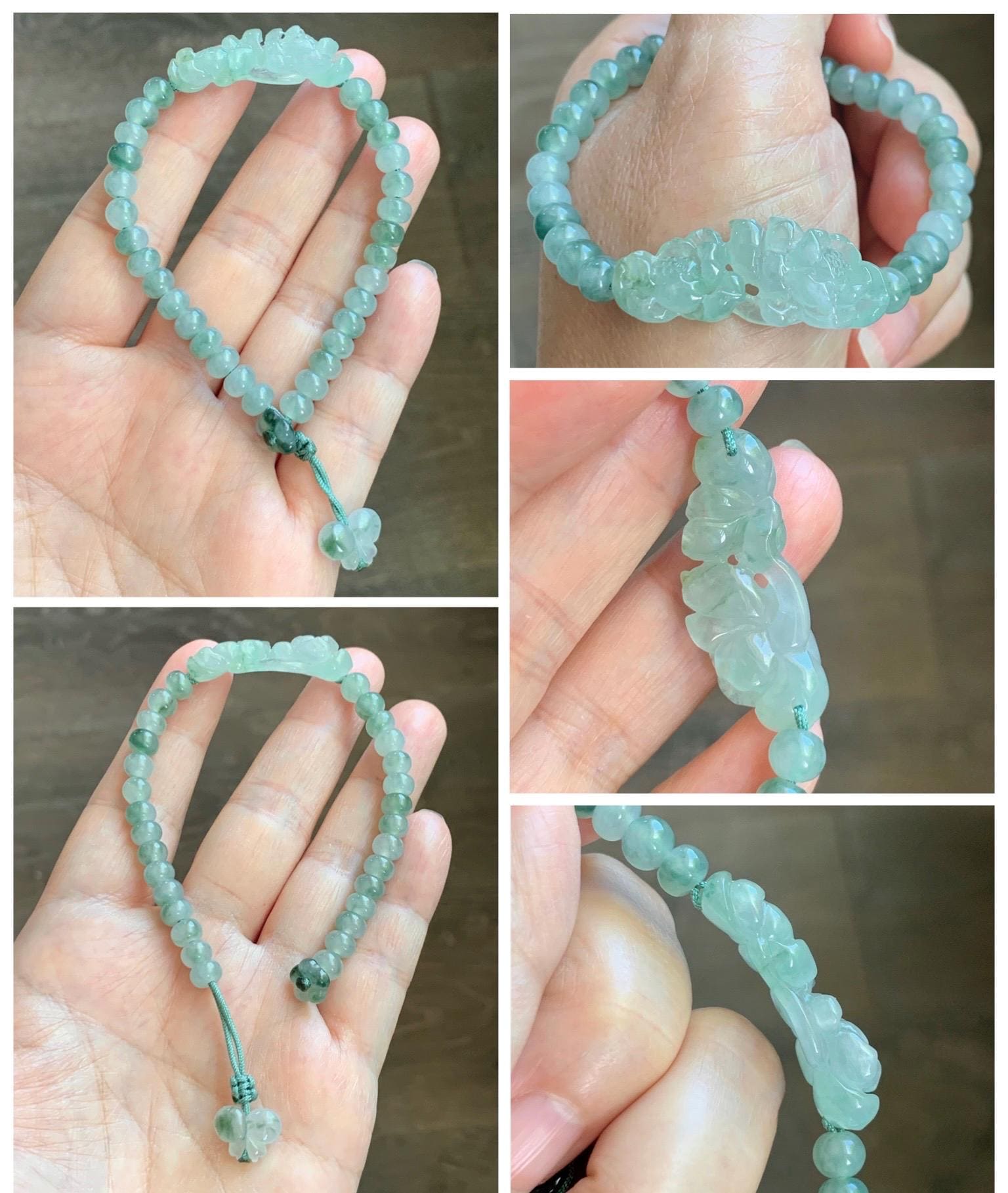 Natural Grade A Icy Highly Translucent Light Green Marbled Jade Jadeite Lotus Flower Drum Beads Beaded Bracelet 6.75" 天然冰胶飘花翡翠莲花鼓珠手串 MPL555
