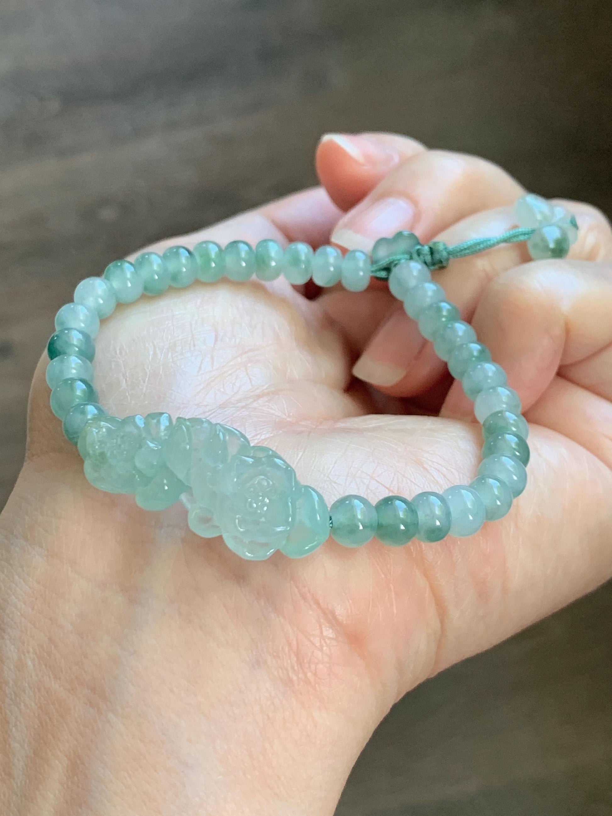 Natural Grade A Icy Highly Translucent Light Green Marbled Jade Jadeite Lotus Flower Drum Beads Beaded Bracelet 6.75" 天然冰胶飘花翡翠莲花鼓珠手串 MPL555