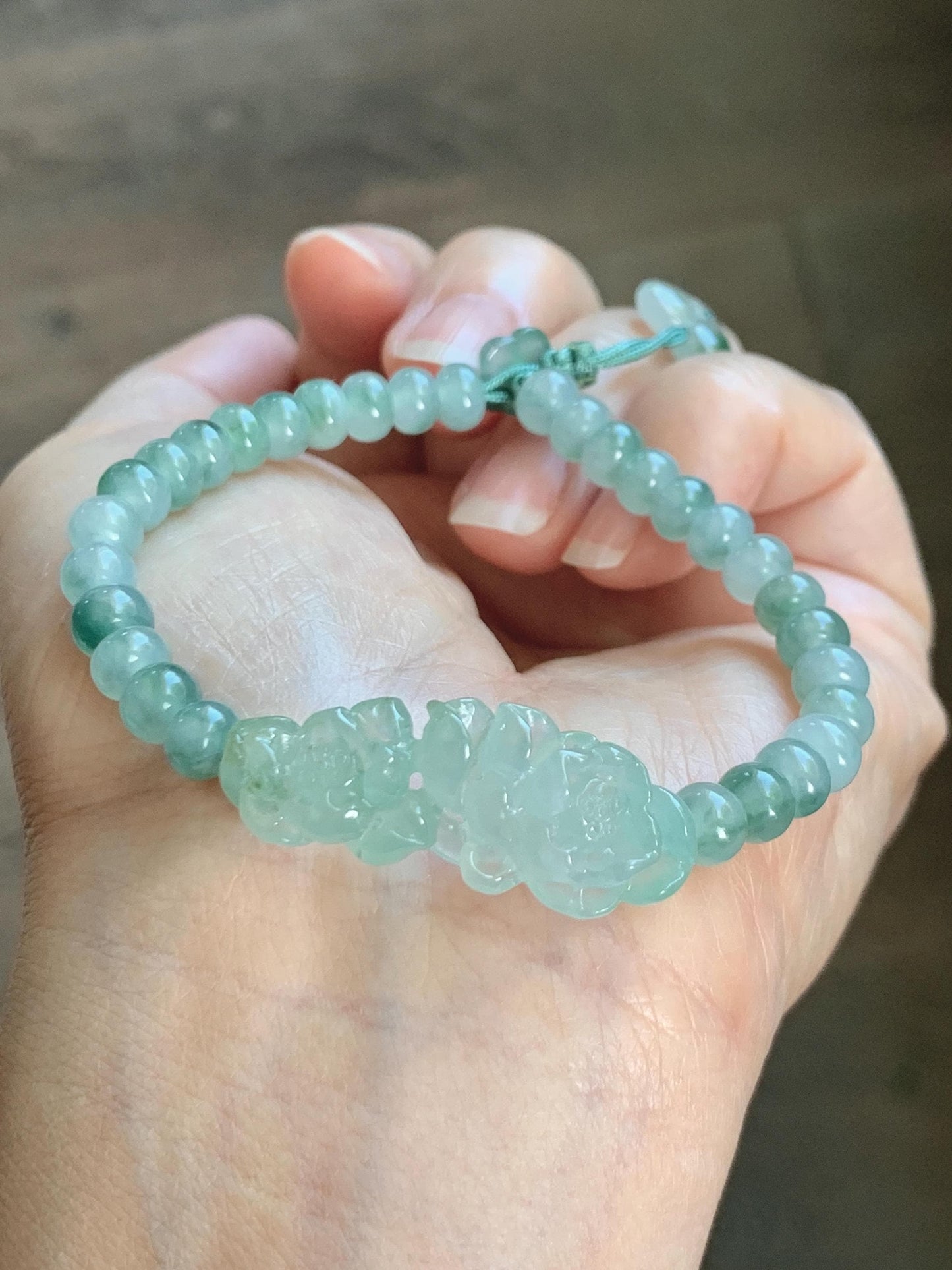 Natural Grade A Icy Highly Translucent Light Green Marbled Jade Jadeite Lotus Flower Drum Beads Beaded Bracelet 6.75" 天然冰胶飘花翡翠莲花鼓珠手串 MPL555