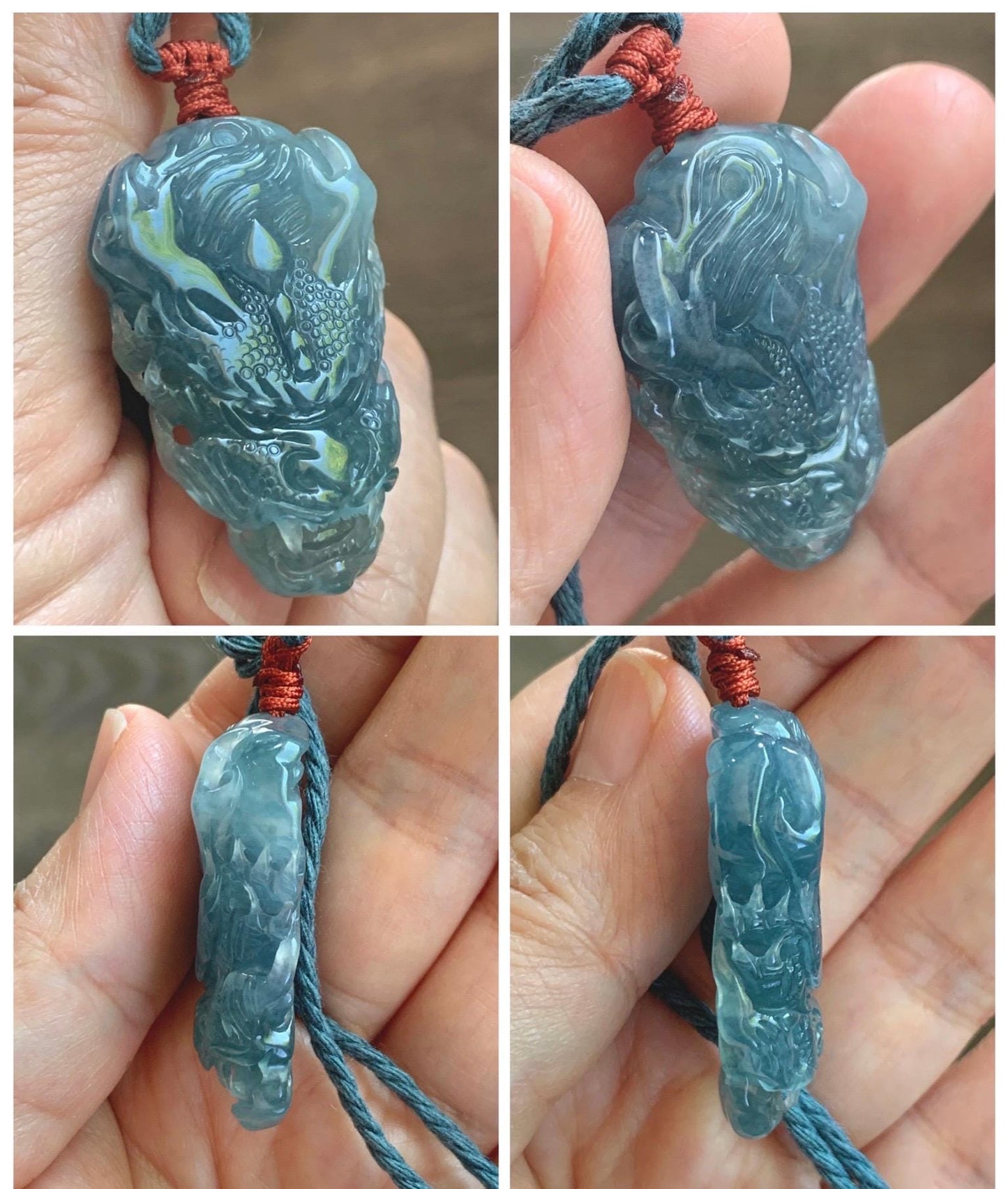 Natural Grade A Guatemalan Icy Translucent Dark Dusty Blue Jade Jadeite Carved Dragon Pendant Rope Necklace 24" 17g 天然冰危灰蓝翡翠精工龙头吊坠 WLT330A