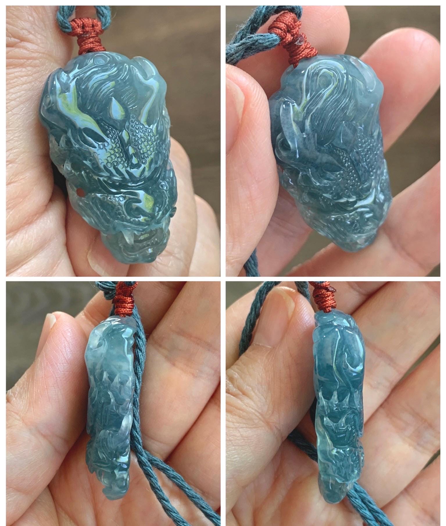 Natural Grade A Guatemalan Icy Translucent Dark Dusty Blue Jade Jadeite Carved Dragon Pendant Rope Necklace 24" 17g 天然冰危灰蓝翡翠精工龙头吊坠 WLT330A