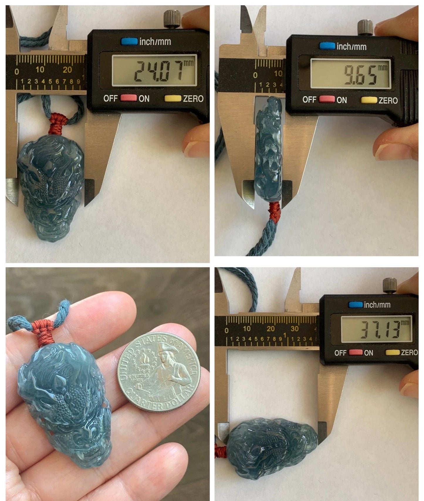 Natural Grade A Guatemalan Icy Translucent Dark Dusty Blue Jade Jadeite Carved Dragon Pendant Rope Necklace 24" 17g 天然冰危灰蓝翡翠精工龙头吊坠 WLT330A