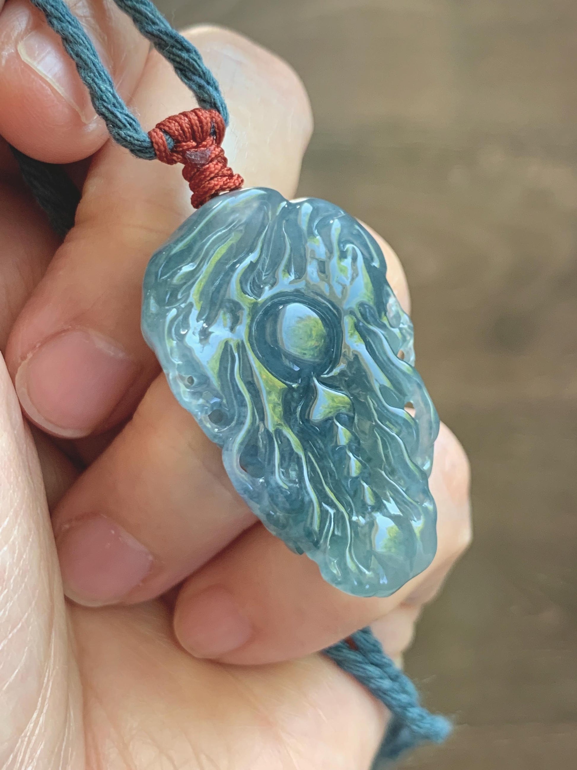 Natural Grade A Guatemalan Icy Translucent Dark Dusty Blue Jade Jadeite Carved Dragon Pendant Rope Necklace 24" 17g 天然冰危灰蓝翡翠精工龙头吊坠 WLT330A