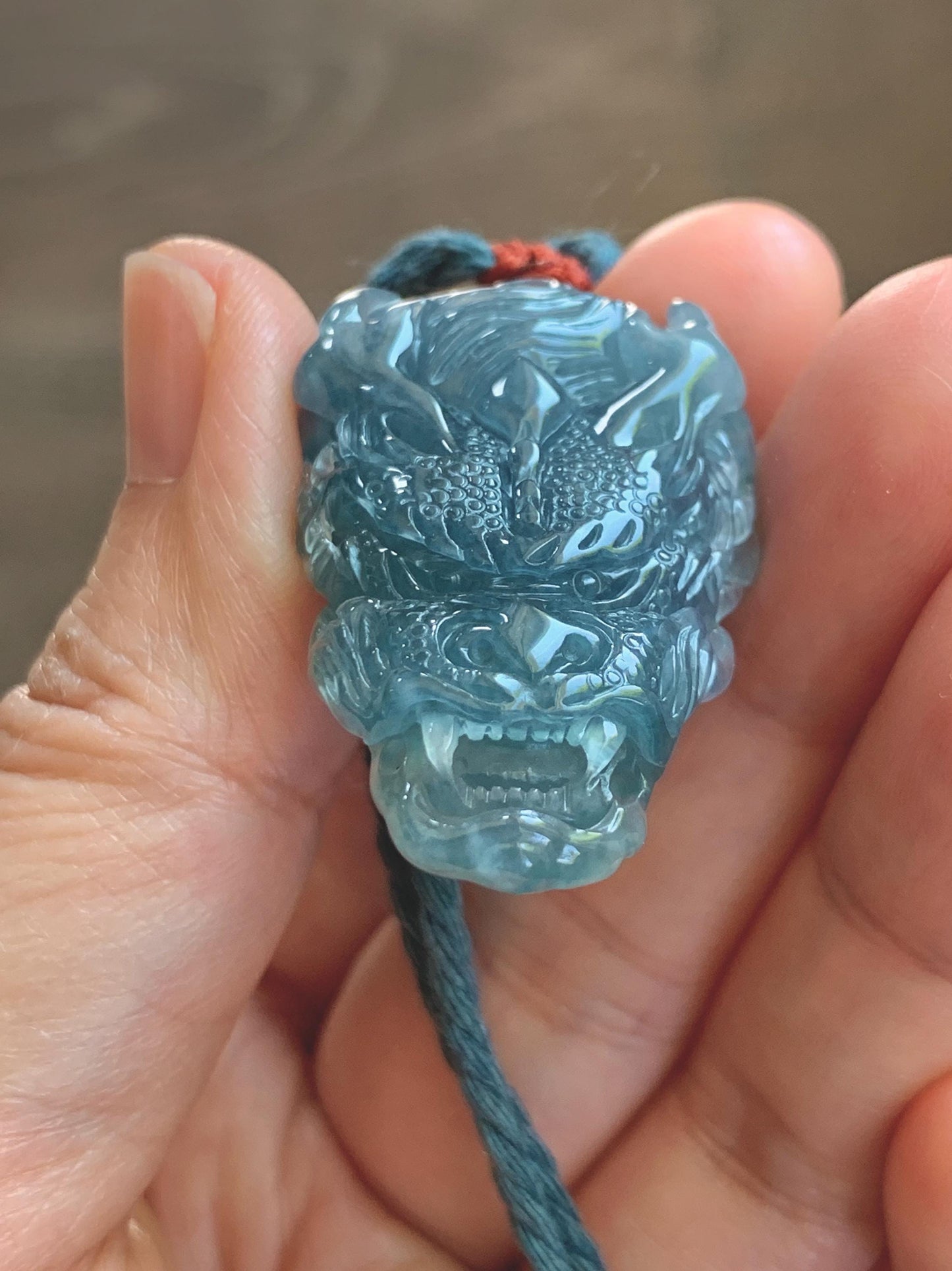 Natural Grade A Guatemalan Icy Translucent Dark Dusty Blue Jade Jadeite Carved Dragon Pendant Rope Necklace 24" 17g 天然冰危灰蓝翡翠精工龙头吊坠 WLT330A