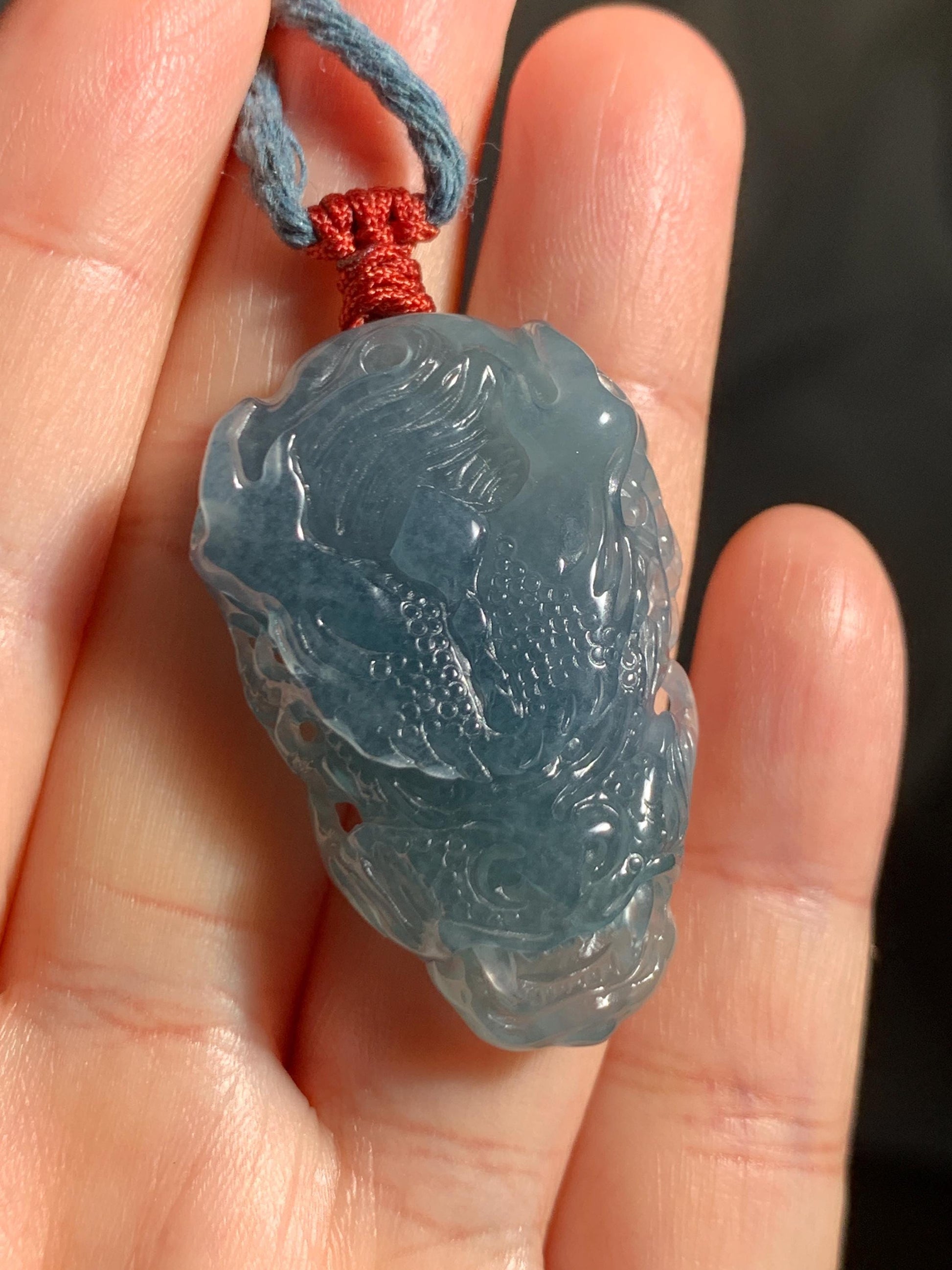 Natural Grade A Guatemalan Icy Translucent Dark Dusty Blue Jade Jadeite Carved Dragon Pendant Rope Necklace 24" 17g 天然冰危灰蓝翡翠精工龙头吊坠 WLT330A