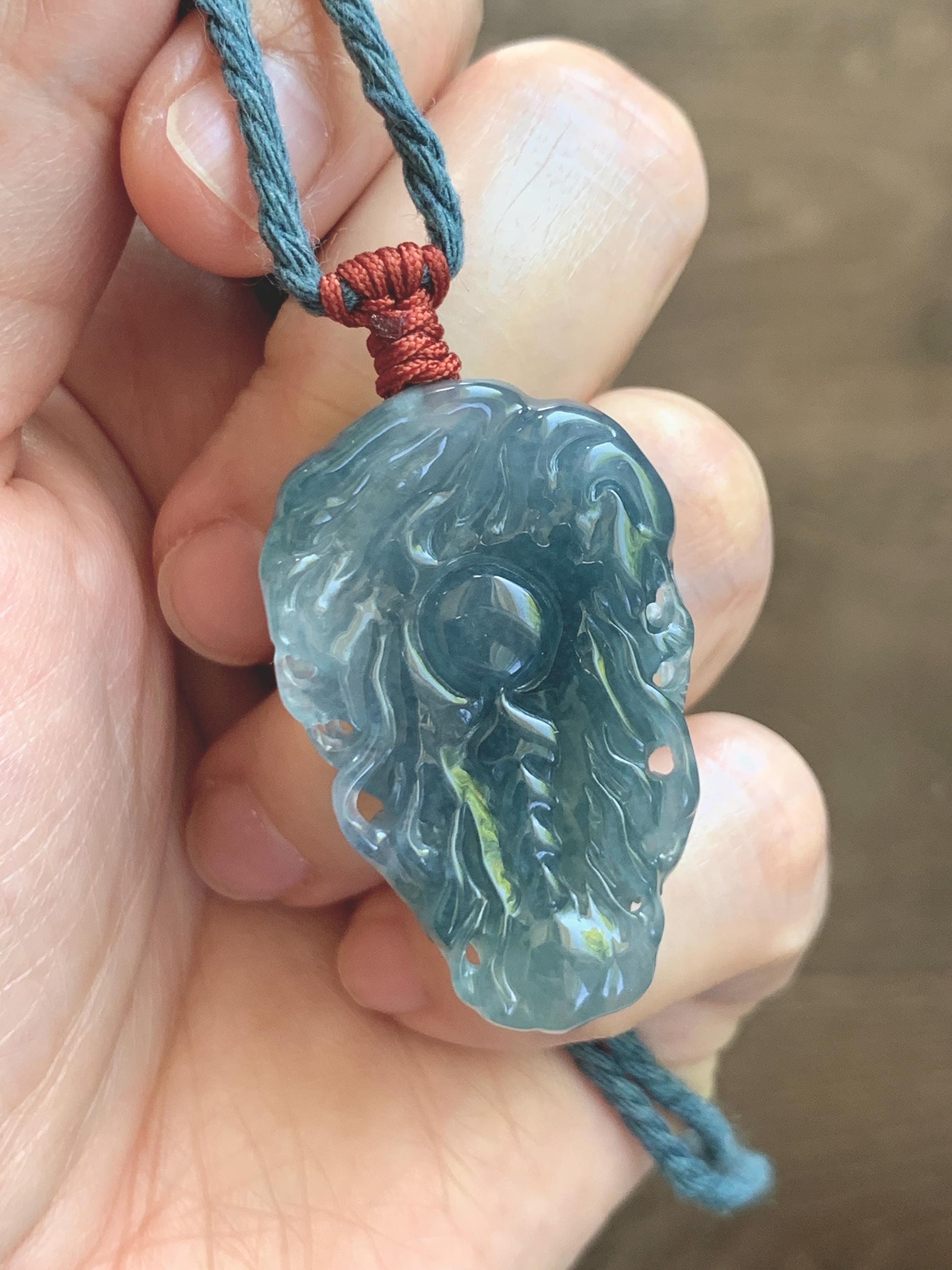 Natural Grade A Guatemalan Icy Translucent Dark Dusty Blue Jade Jadeite Carved Dragon Pendant Rope Necklace 24" 17g 天然冰危灰蓝翡翠精工龙头吊坠 WLT330A