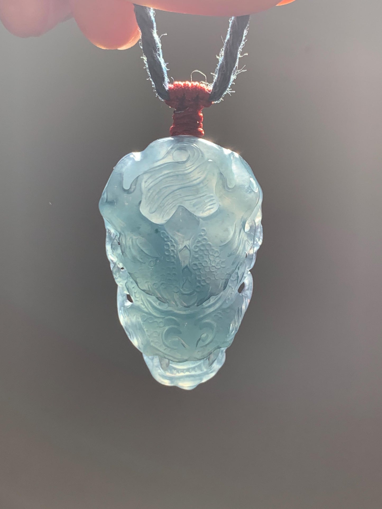 Natural Grade A Guatemalan Icy Translucent Dark Dusty Blue Jade Jadeite Carved Dragon Pendant Rope Necklace 24" 17g 天然冰危灰蓝翡翠精工龙头吊坠 WLT330A