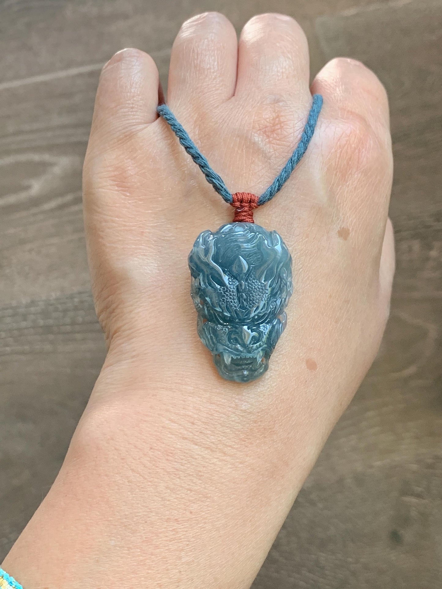 Natural Grade A Guatemalan Icy Translucent Dark Dusty Blue Jade Jadeite Carved Dragon Pendant Rope Necklace 24" 17g 天然冰危灰蓝翡翠精工龙头吊坠 WLT330A