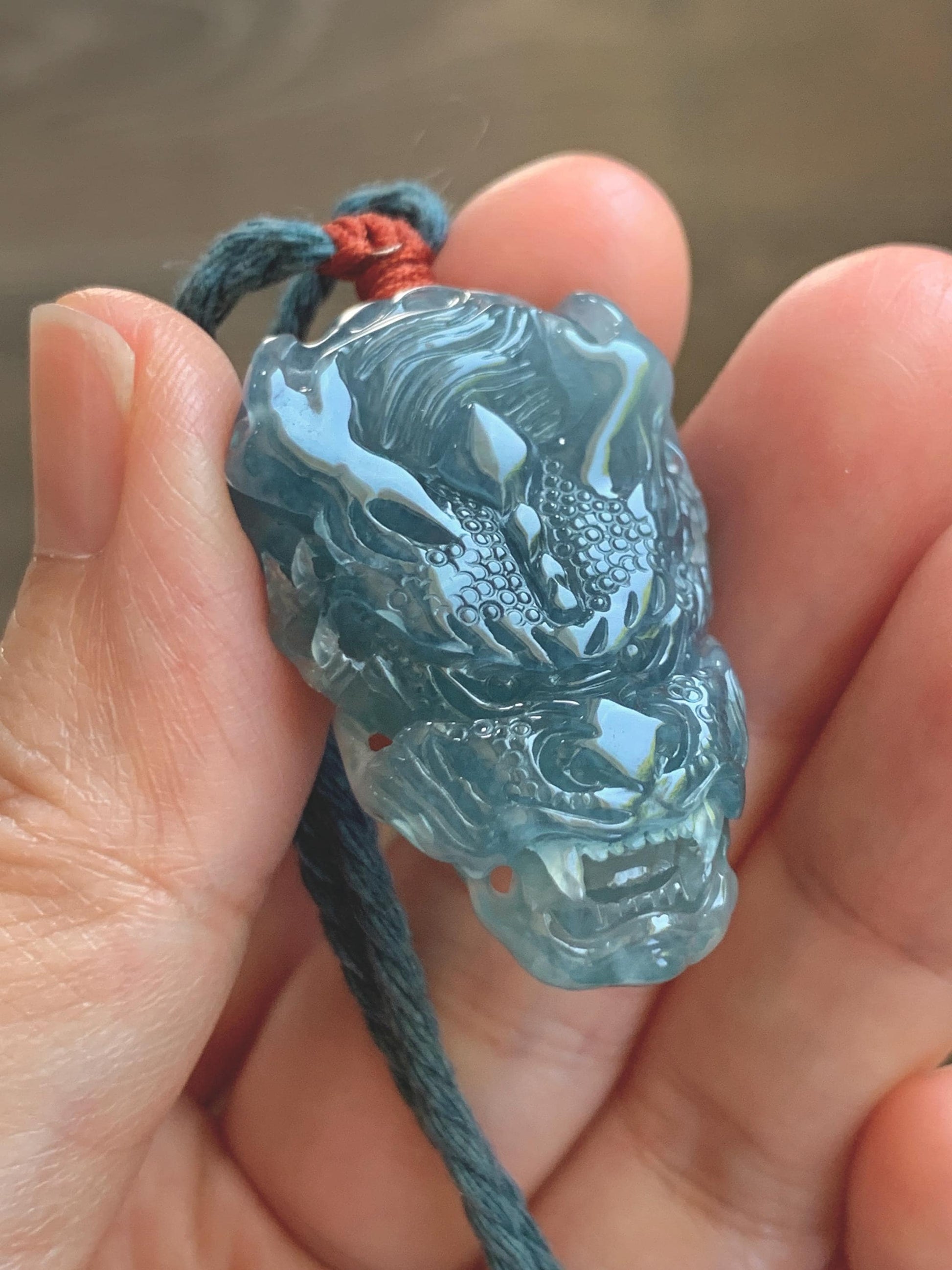 Natural Grade A Guatemalan Icy Translucent Dark Dusty Blue Jade Jadeite Carved Dragon Pendant Rope Necklace 24" 17g 天然冰危灰蓝翡翠精工龙头吊坠 WLT330A