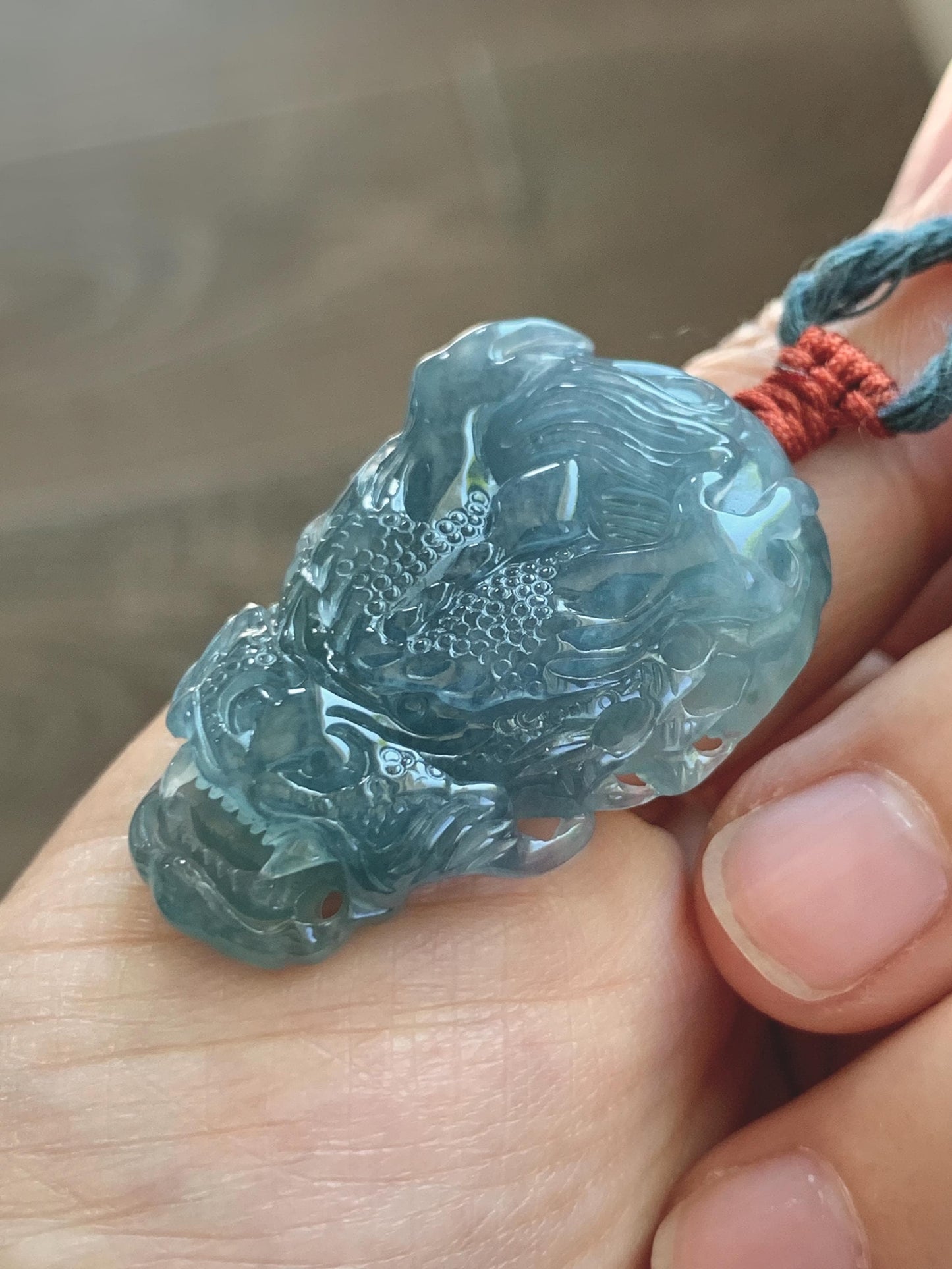 Natural Grade A Guatemalan Icy Translucent Dark Dusty Blue Jade Jadeite Carved Dragon Pendant Rope Necklace 24" 17g 天然冰危灰蓝翡翠精工龙头吊坠 WLT330A