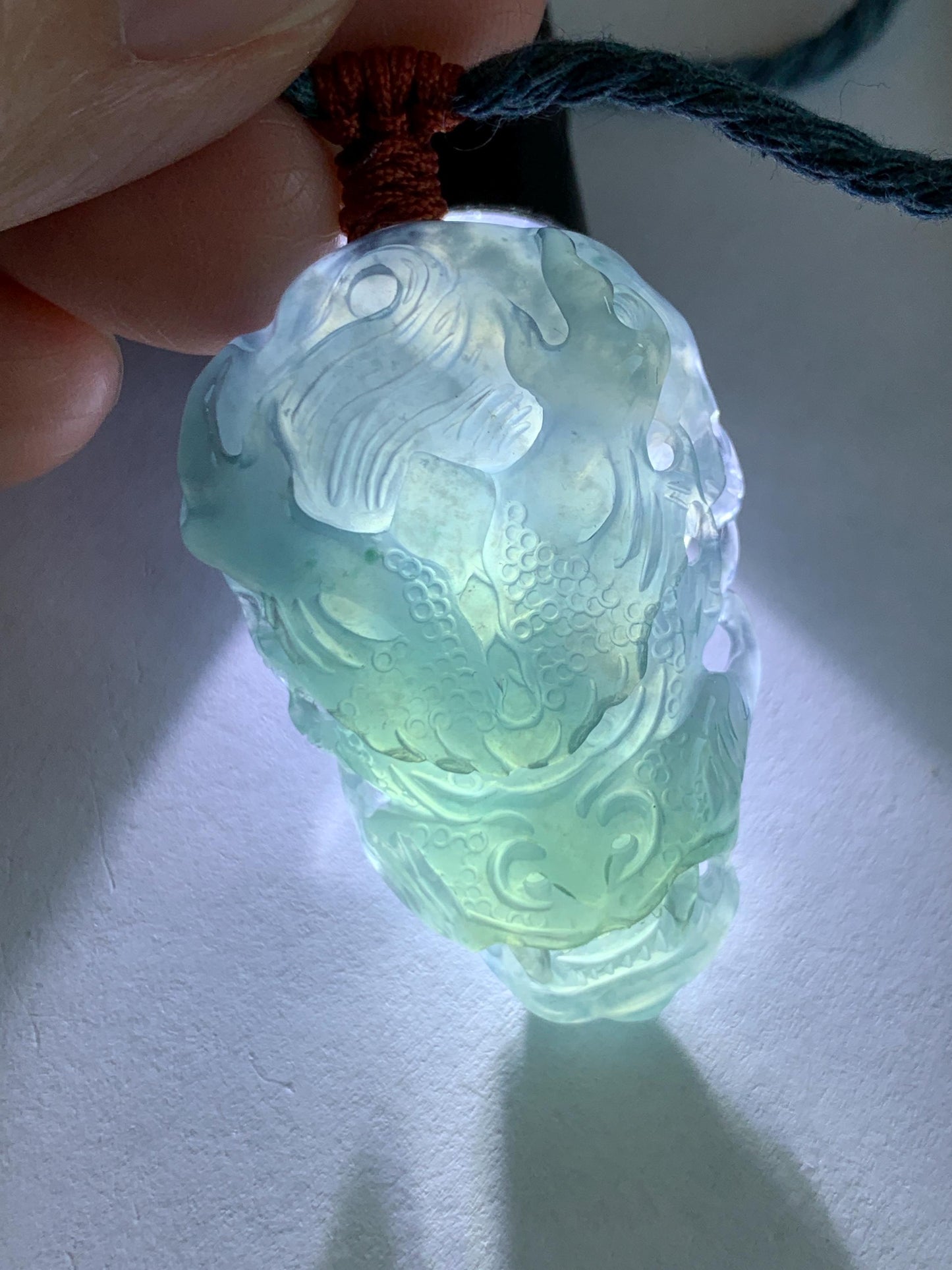 Natural Grade A Guatemalan Icy Translucent Dark Dusty Blue Jade Jadeite Carved Dragon Pendant Rope Necklace 24" 17g 天然冰危灰蓝翡翠精工龙头吊坠 WLT330A