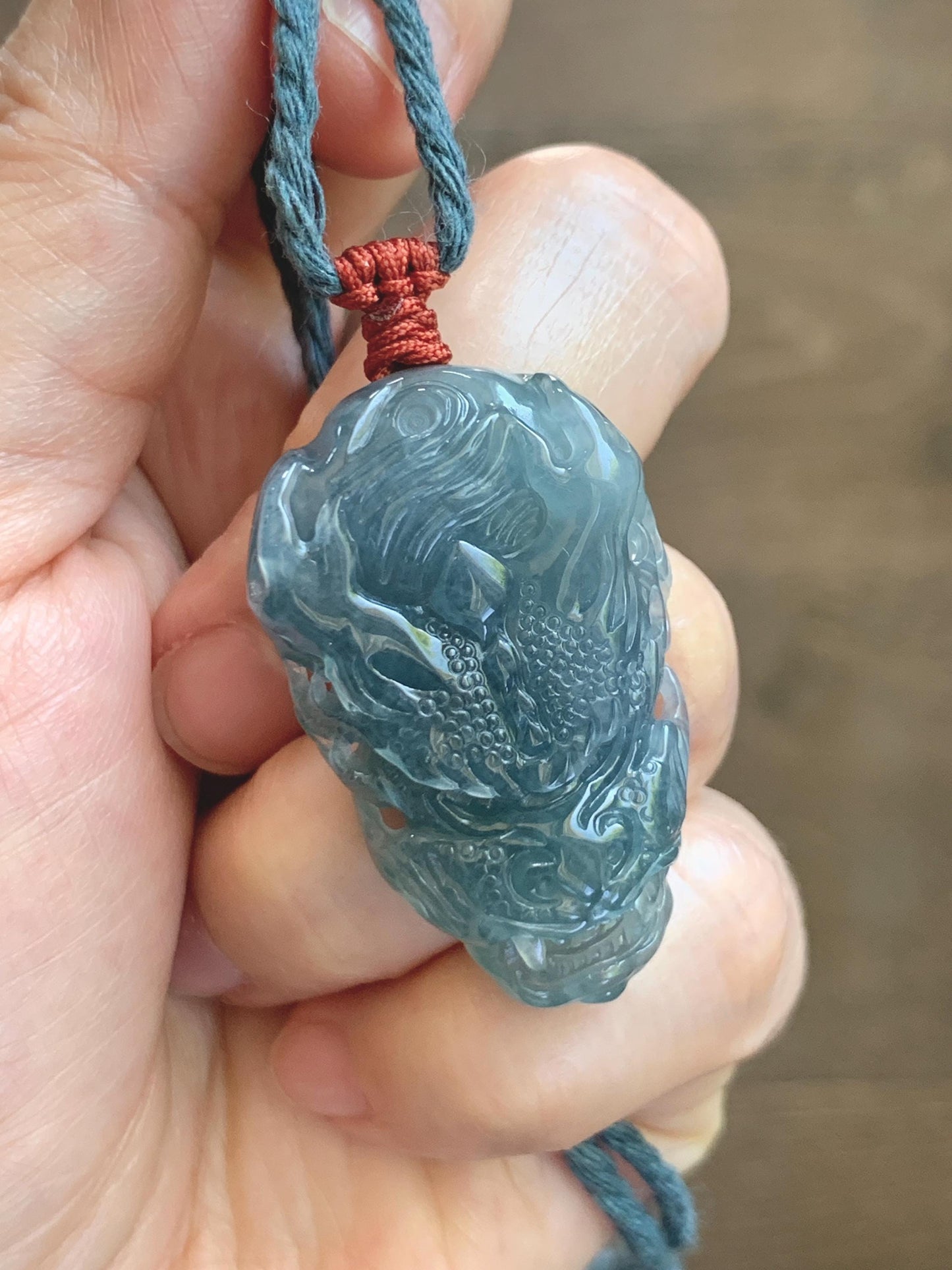 Natural Grade A Guatemalan Icy Translucent Dark Dusty Blue Jade Jadeite Carved Dragon Pendant Rope Necklace 24" 17g 天然冰危灰蓝翡翠精工龙头吊坠 WLT330A