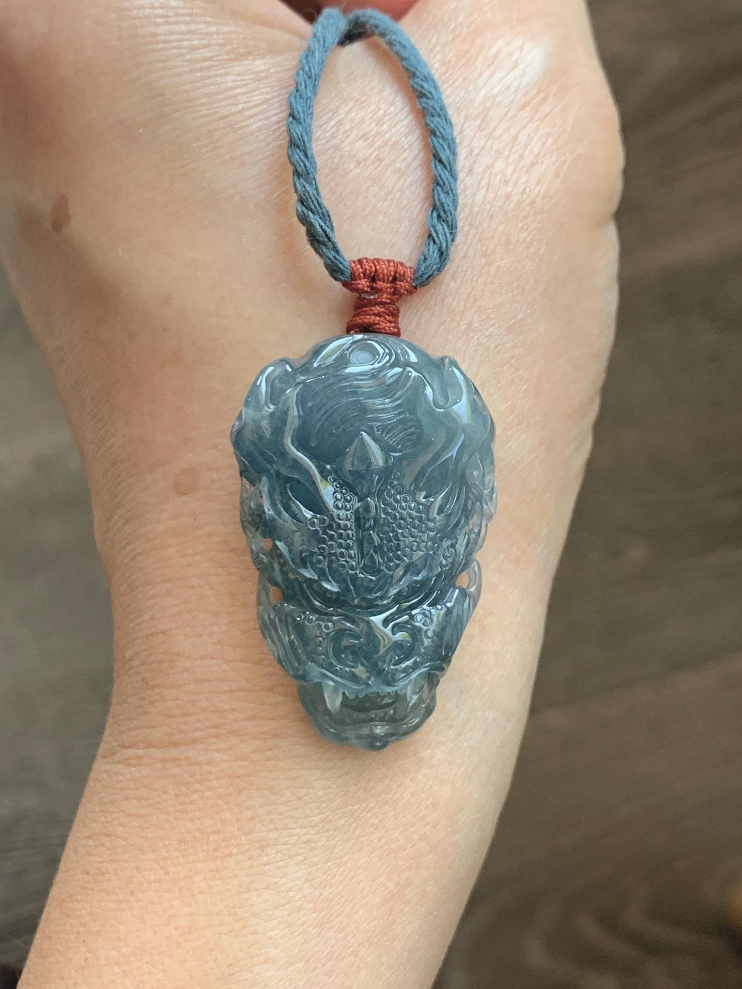 Natural Grade A Guatemalan Icy Translucent Dark Dusty Blue Jade Jadeite Carved Dragon Pendant Rope Necklace 24" 17g 天然冰危灰蓝翡翠精工龙头吊坠 WLT330A