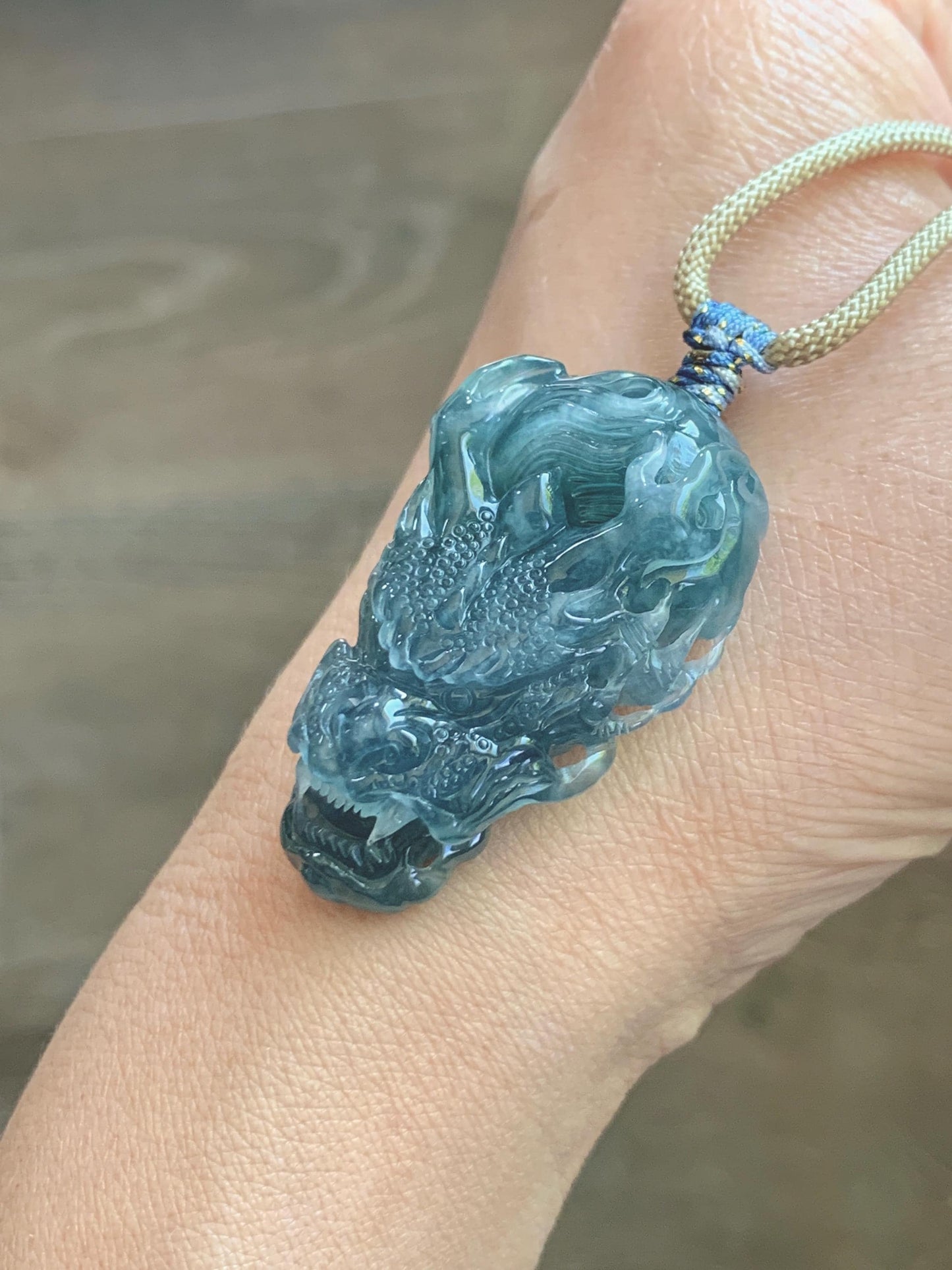 Natural Grade A Guatemalan Icy Translucent Dark Teal Blue Jade Jadeite Carved Dragon Pendant Rope Necklace 24" 24g 天然冰危灰蓝翡翠精工龙头吊坠 WLT330B