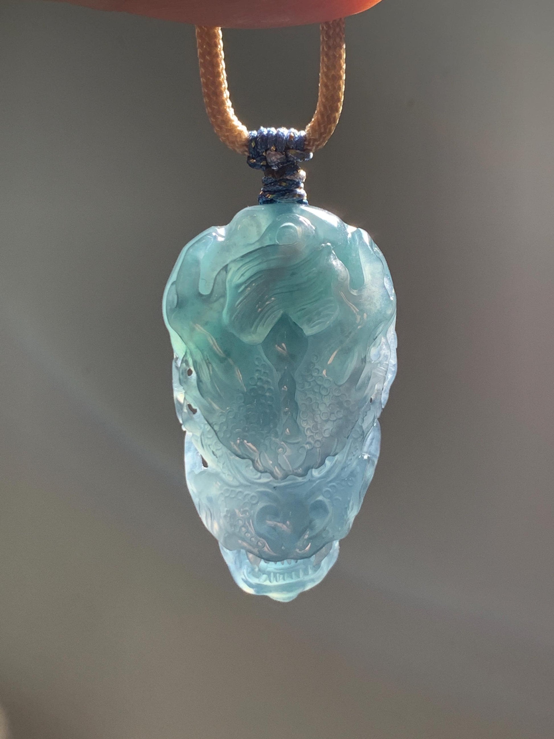 Natural Grade A Guatemalan Icy Translucent Dark Teal Blue Jade Jadeite Carved Dragon Pendant Rope Necklace 24" 24g 天然冰危灰蓝翡翠精工龙头吊坠 WLT330B