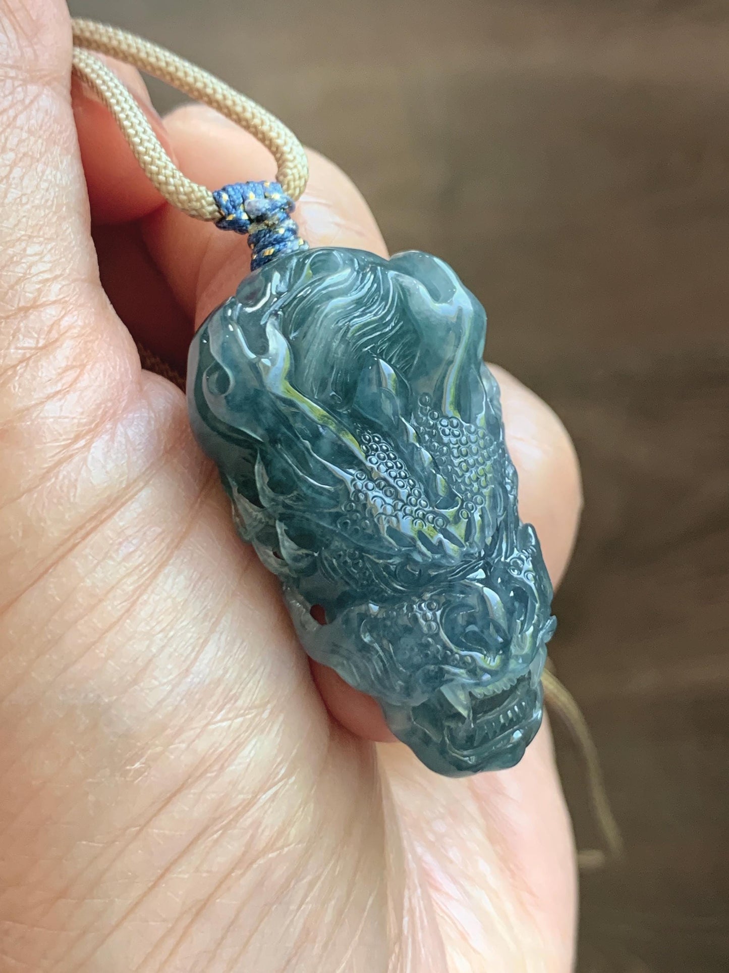 Natural Grade A Guatemalan Icy Translucent Dark Teal Blue Jade Jadeite Carved Dragon Pendant Rope Necklace 24" 24g 天然冰危灰蓝翡翠精工龙头吊坠 WLT330B