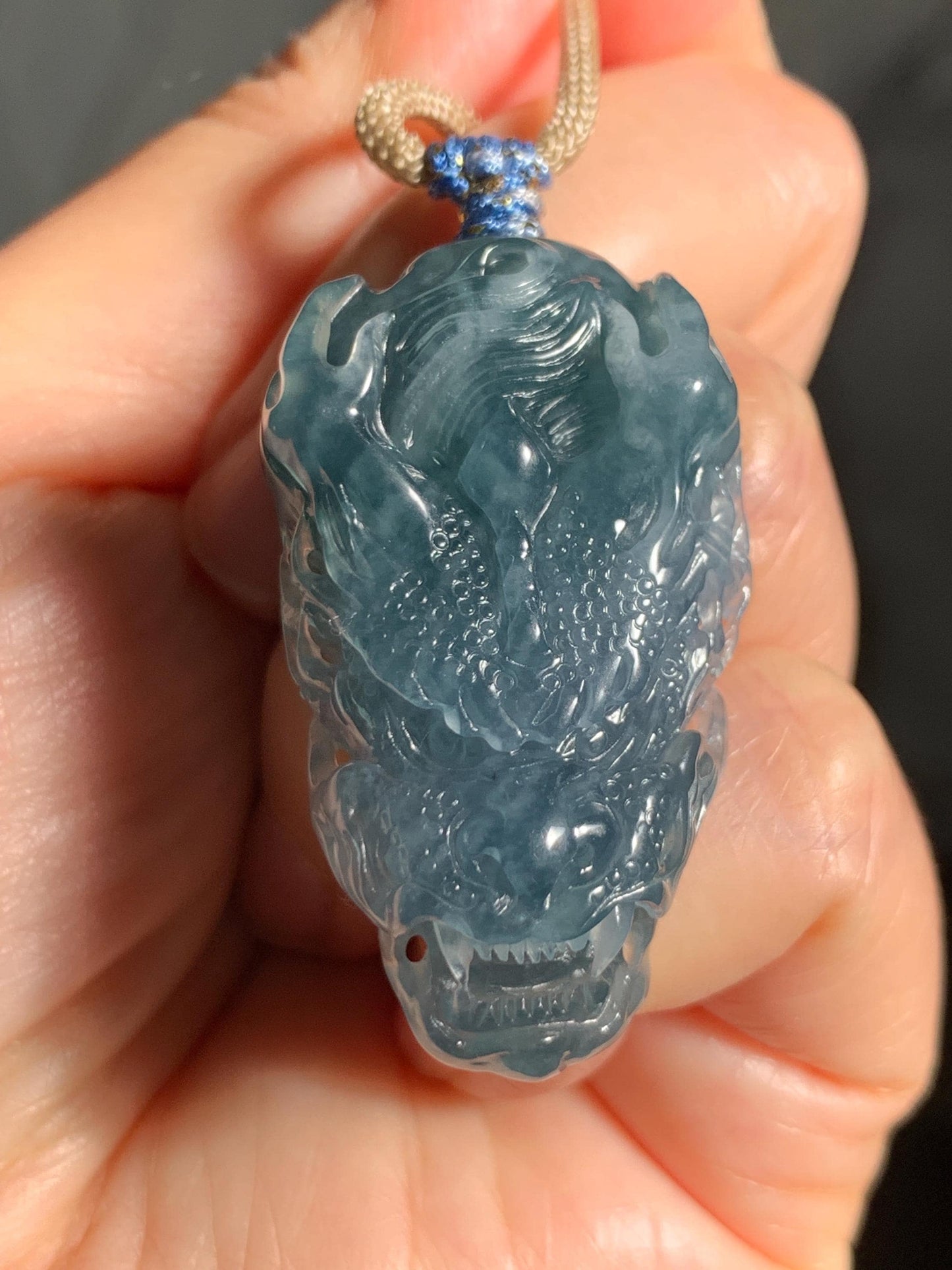 Natural Grade A Guatemalan Icy Translucent Dark Teal Blue Jade Jadeite Carved Dragon Pendant Rope Necklace 24" 24g 天然冰危灰蓝翡翠精工龙头吊坠 WLT330B
