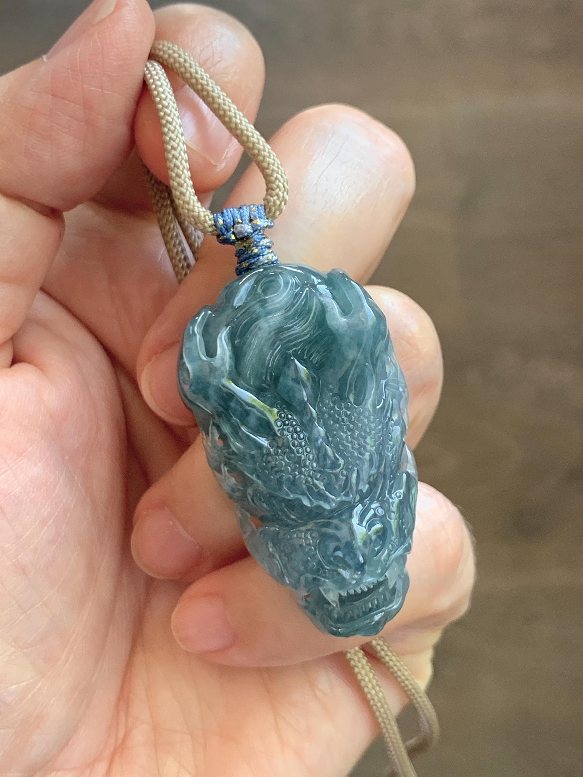 Natural Grade A Guatemalan Icy Translucent Dark Teal Blue Jade Jadeite Carved Dragon Pendant Rope Necklace 24" 24g 天然冰危灰蓝翡翠精工龙头吊坠 WLT330B