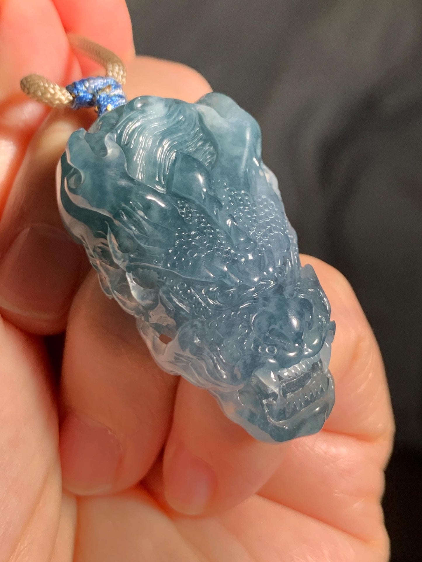 Natural Grade A Guatemalan Icy Translucent Dark Teal Blue Jade Jadeite Carved Dragon Pendant Rope Necklace 24" 24g 天然冰危灰蓝翡翠精工龙头吊坠 WLT330B