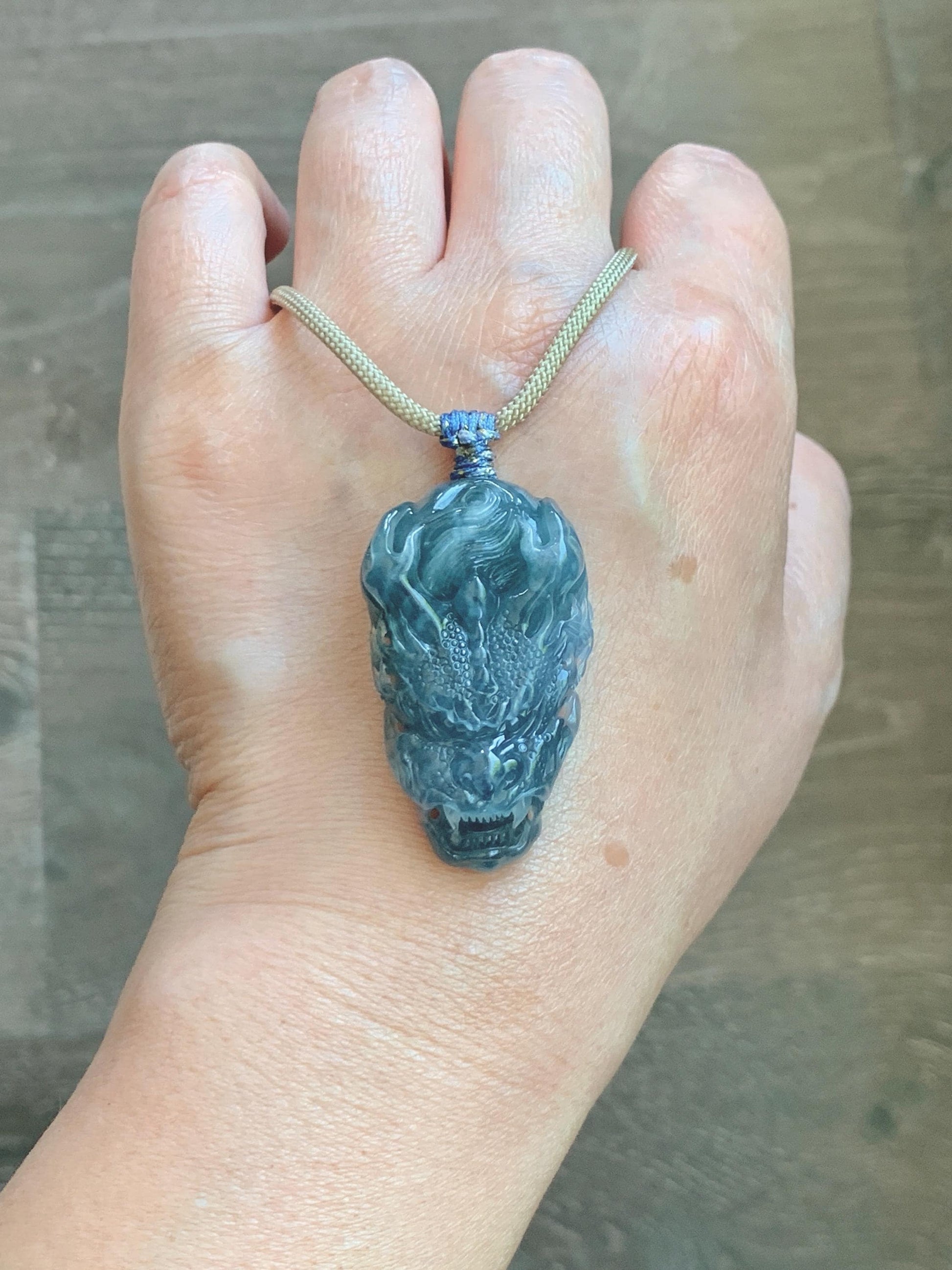 Natural Grade A Guatemalan Icy Translucent Dark Teal Blue Jade Jadeite Carved Dragon Pendant Rope Necklace 24" 24g 天然冰危灰蓝翡翠精工龙头吊坠 WLT330B