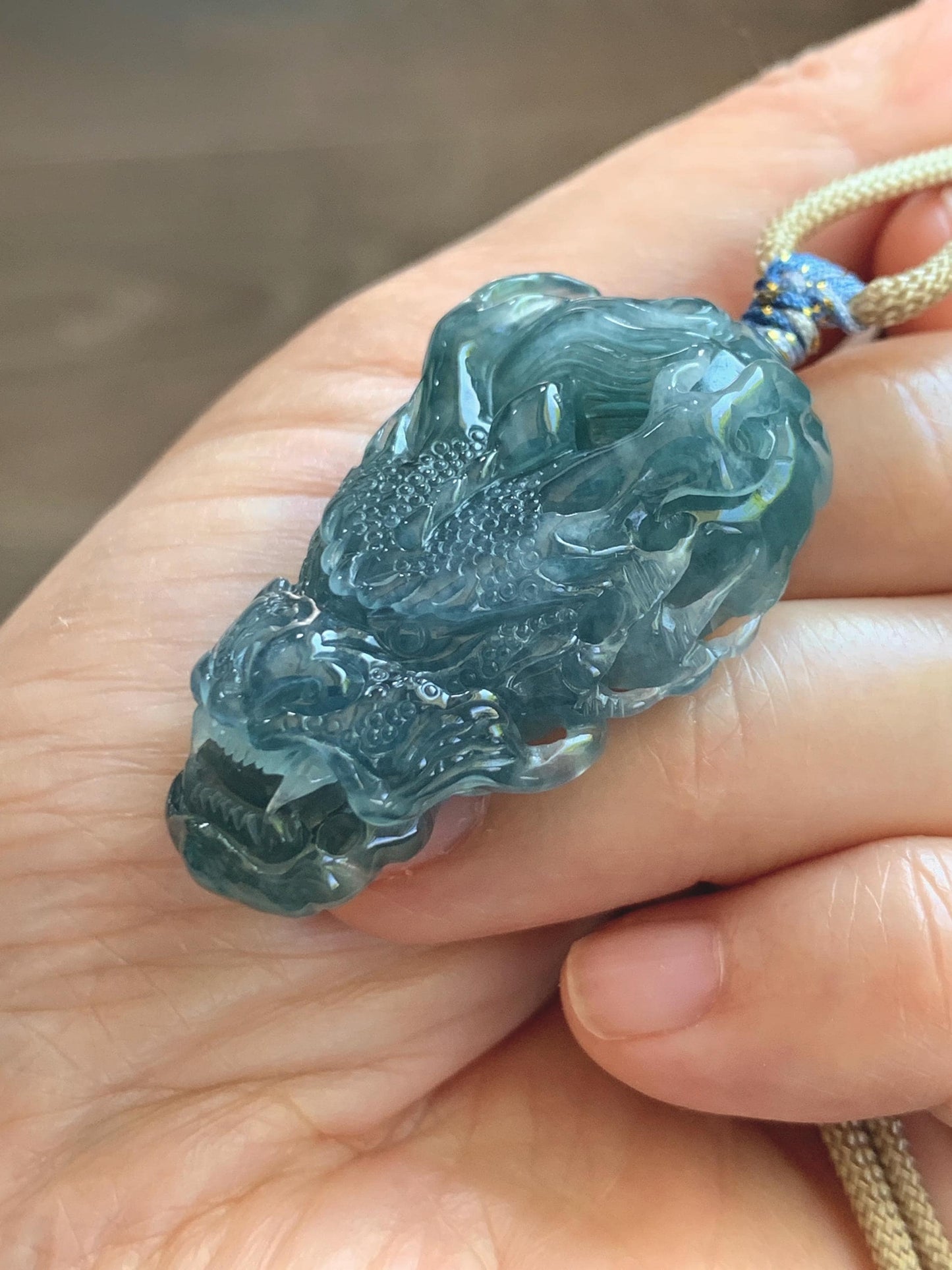 Natural Grade A Guatemalan Icy Translucent Dark Teal Blue Jade Jadeite Carved Dragon Pendant Rope Necklace 24" 24g 天然冰危灰蓝翡翠精工龙头吊坠 WLT330B