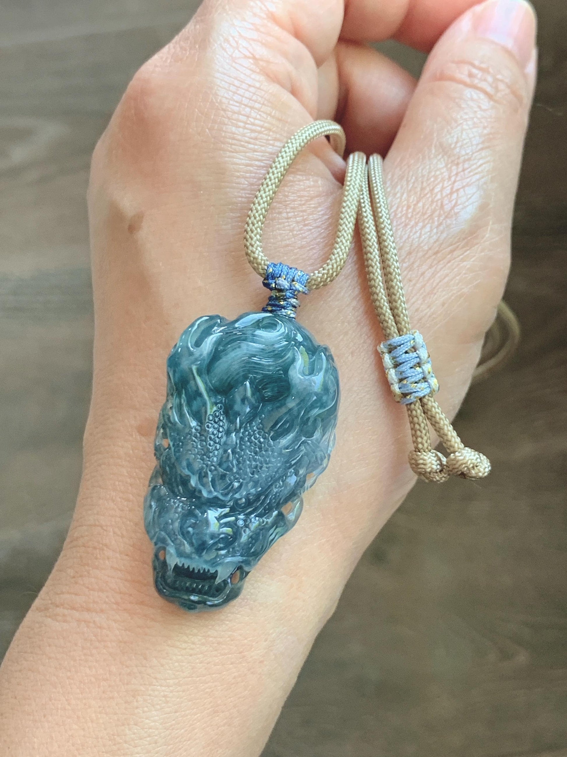 Natural Grade A Guatemalan Icy Translucent Dark Teal Blue Jade Jadeite Carved Dragon Pendant Rope Necklace 24" 24g 天然冰危灰蓝翡翠精工龙头吊坠 WLT330B