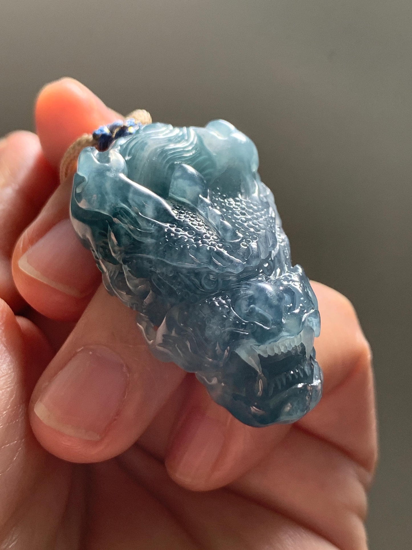 Natural Grade A Guatemalan Icy Translucent Dark Teal Blue Jade Jadeite Carved Dragon Pendant Rope Necklace 24" 24g 天然冰危灰蓝翡翠精工龙头吊坠 WLT330B