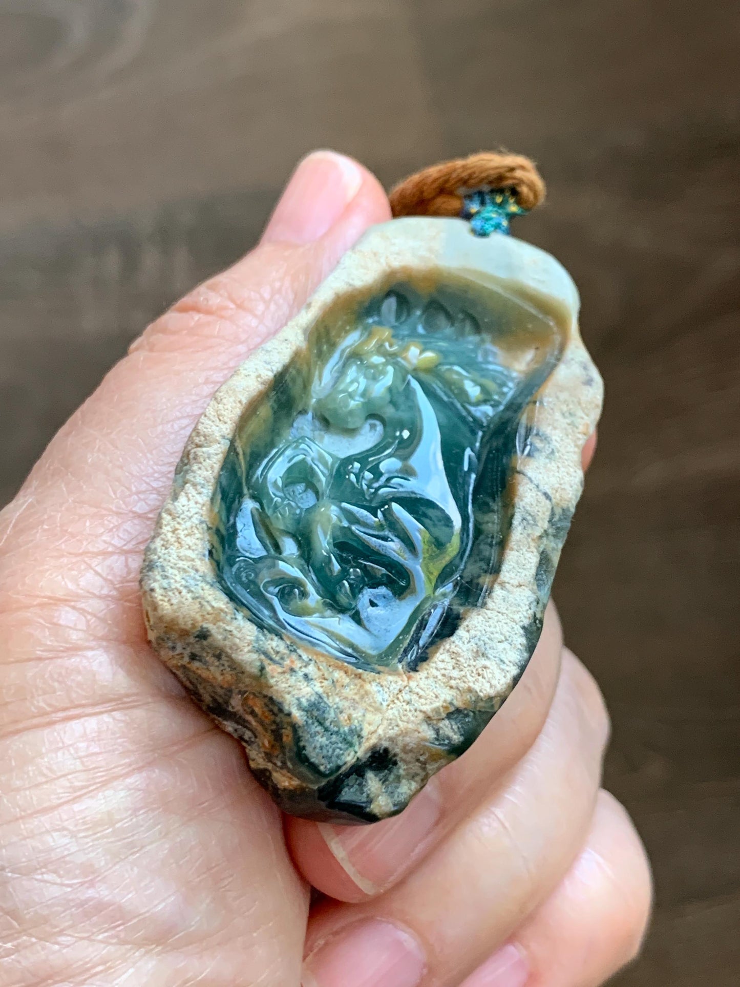 Natural Grade A Guatemalan Icy Dark Teal Blue Jade Jadeite with Rough Rind Carved Horse Pendant Rope Necklace 26" 47g 天然危蓝翡翠马牌皮壳料吊坠 WKM110