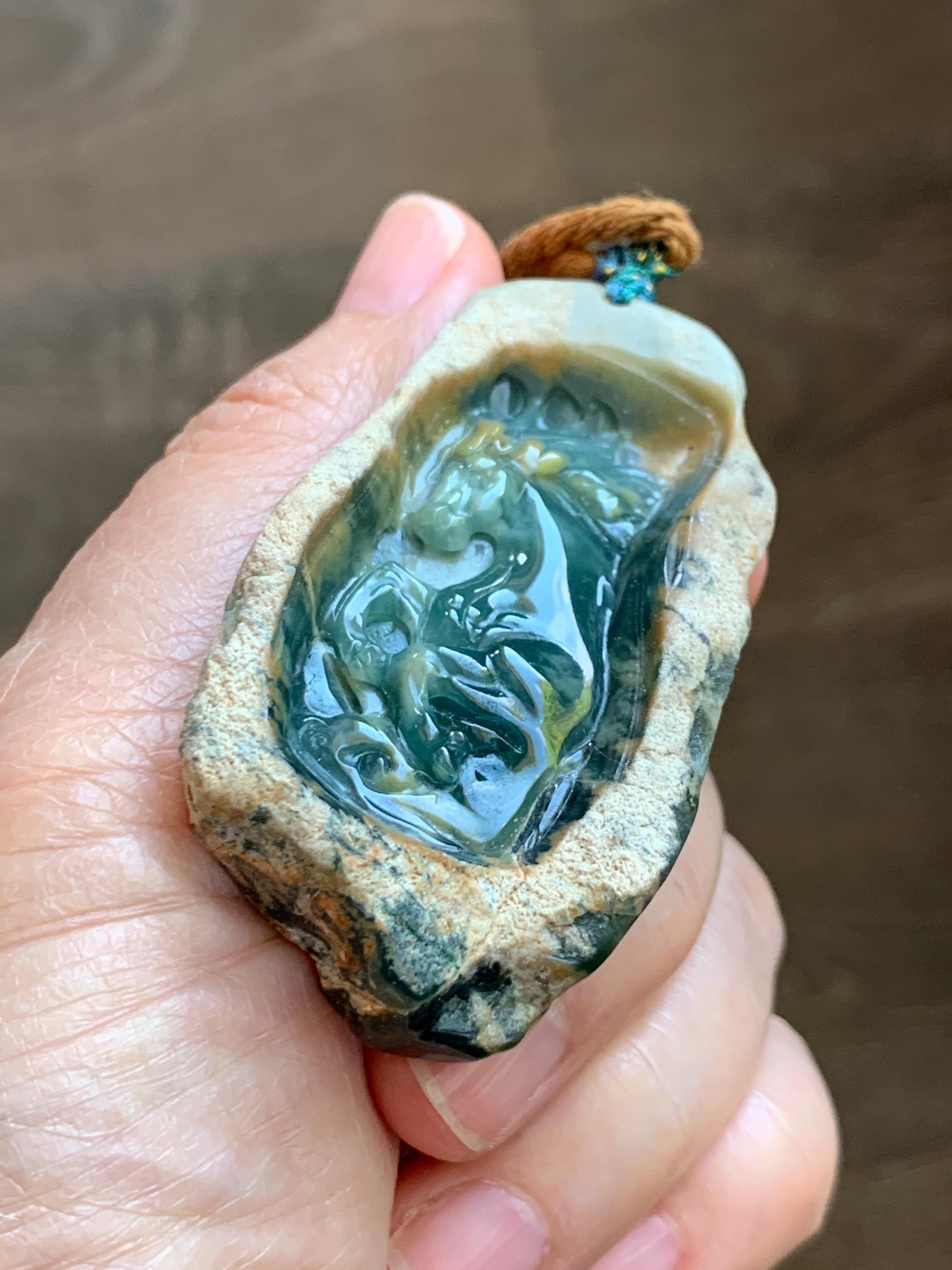 Natural Grade A Guatemalan Icy Dark Teal Blue Jade Jadeite with Rough Rind Carved Horse Pendant Rope Necklace 26" 47g 天然危蓝翡翠马牌皮壳料吊坠 WKM110