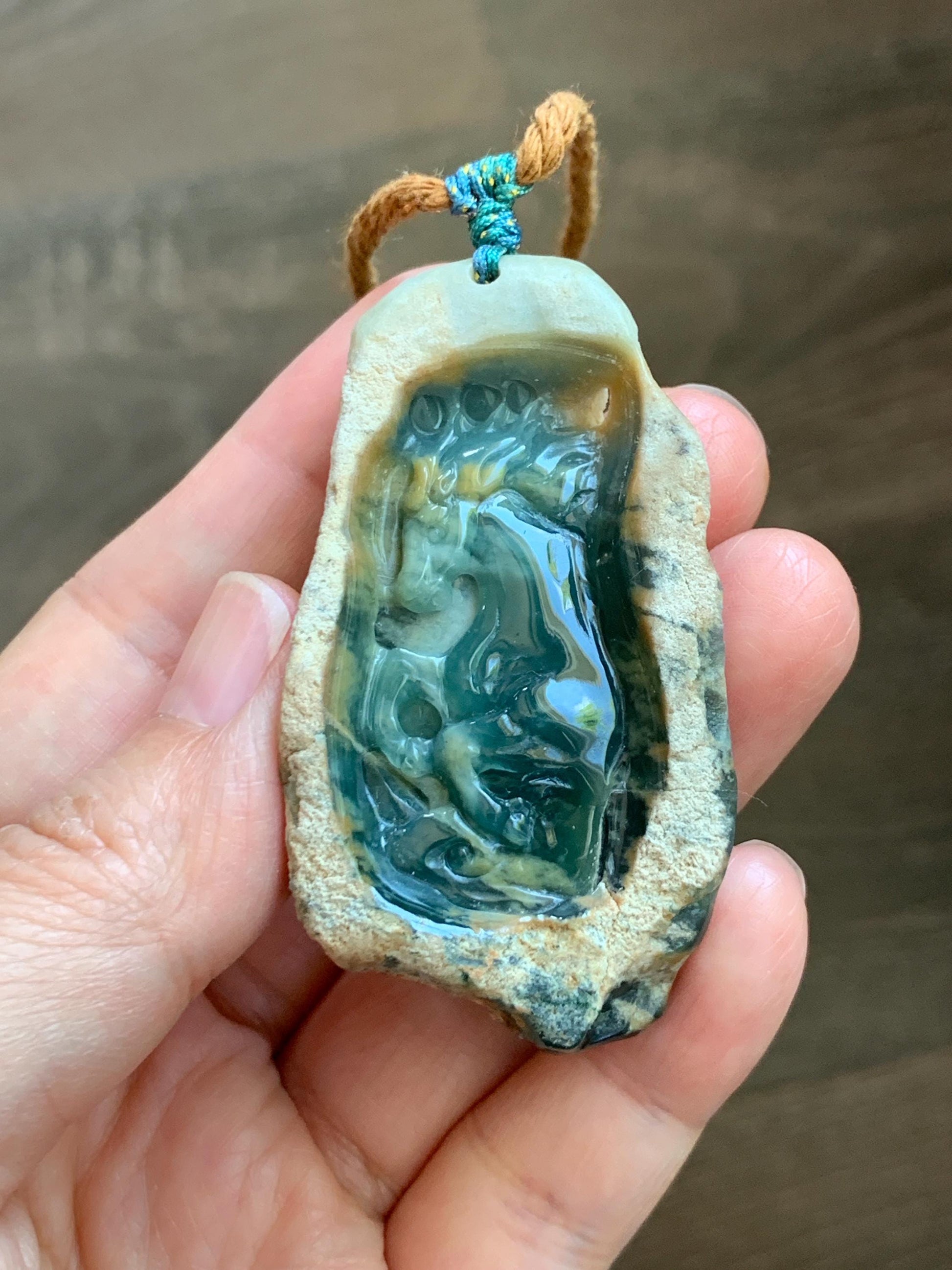 Natural Grade A Guatemalan Icy Dark Teal Blue Jade Jadeite with Rough Rind Carved Horse Pendant Rope Necklace 26" 47g 天然危蓝翡翠马牌皮壳料吊坠 WKM110