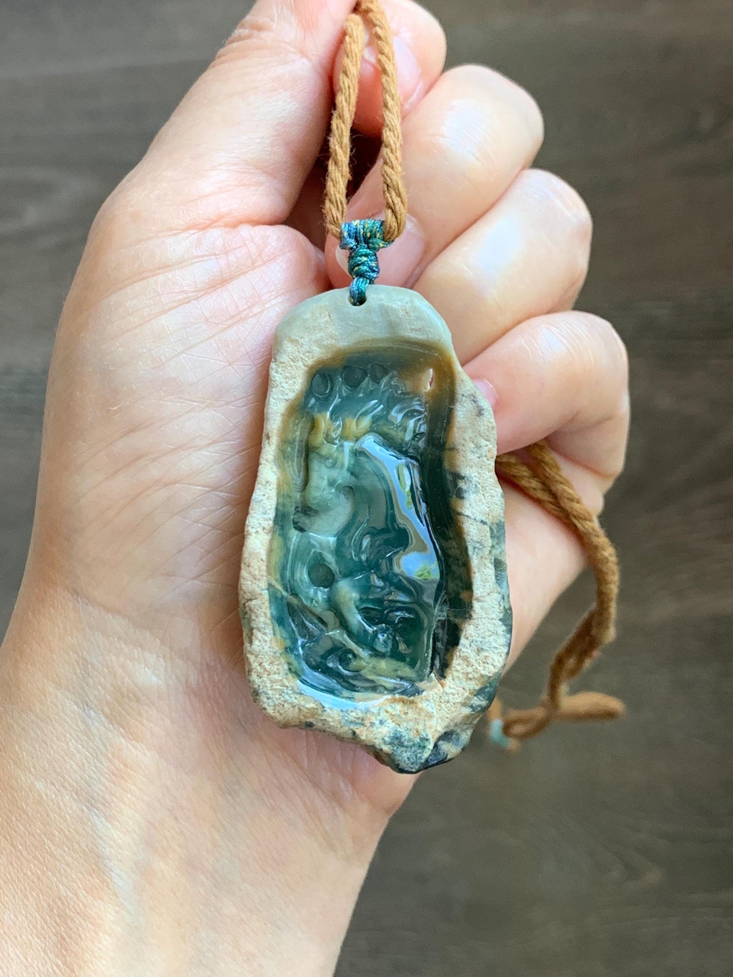 Natural Grade A Guatemalan Icy Dark Teal Blue Jade Jadeite with Rough Rind Carved Horse Pendant Rope Necklace 26" 47g 天然危蓝翡翠马牌皮壳料吊坠 WKM110