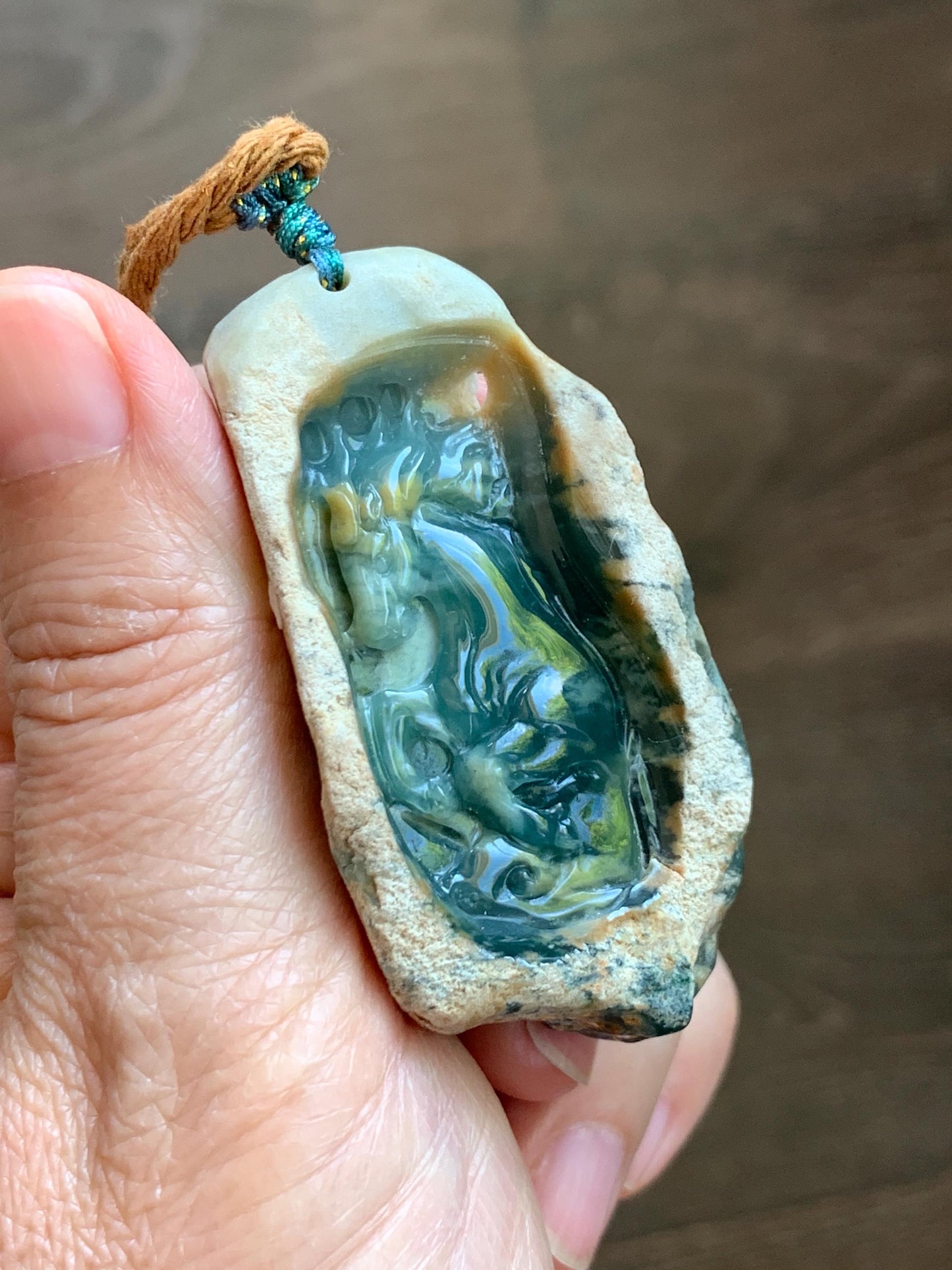 Natural Grade A Guatemalan Icy Dark Teal Blue Jade Jadeite with Rough Rind Carved Horse Pendant Rope Necklace 26" 47g 天然危蓝翡翠马牌皮壳料吊坠 WKM110