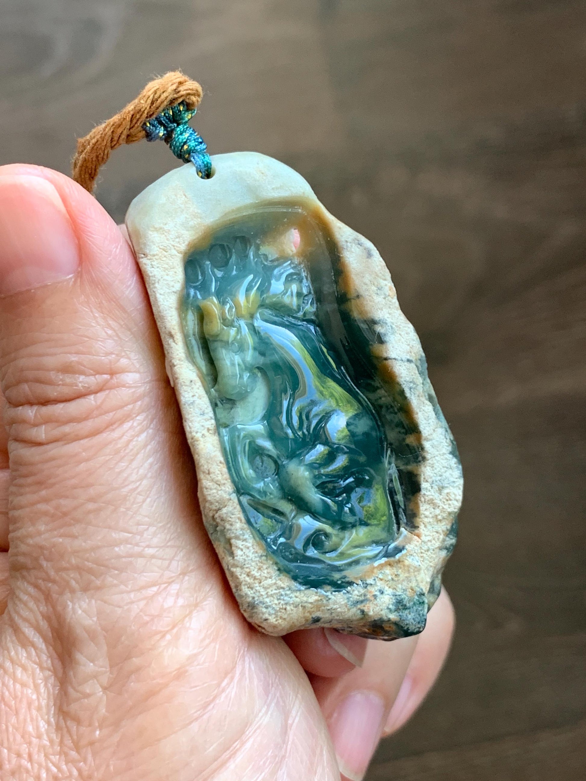 Natural Grade A Guatemalan Icy Dark Teal Blue Jade Jadeite with Rough Rind Carved Horse Pendant Rope Necklace 26" 47g 天然危蓝翡翠马牌皮壳料吊坠 WKM110