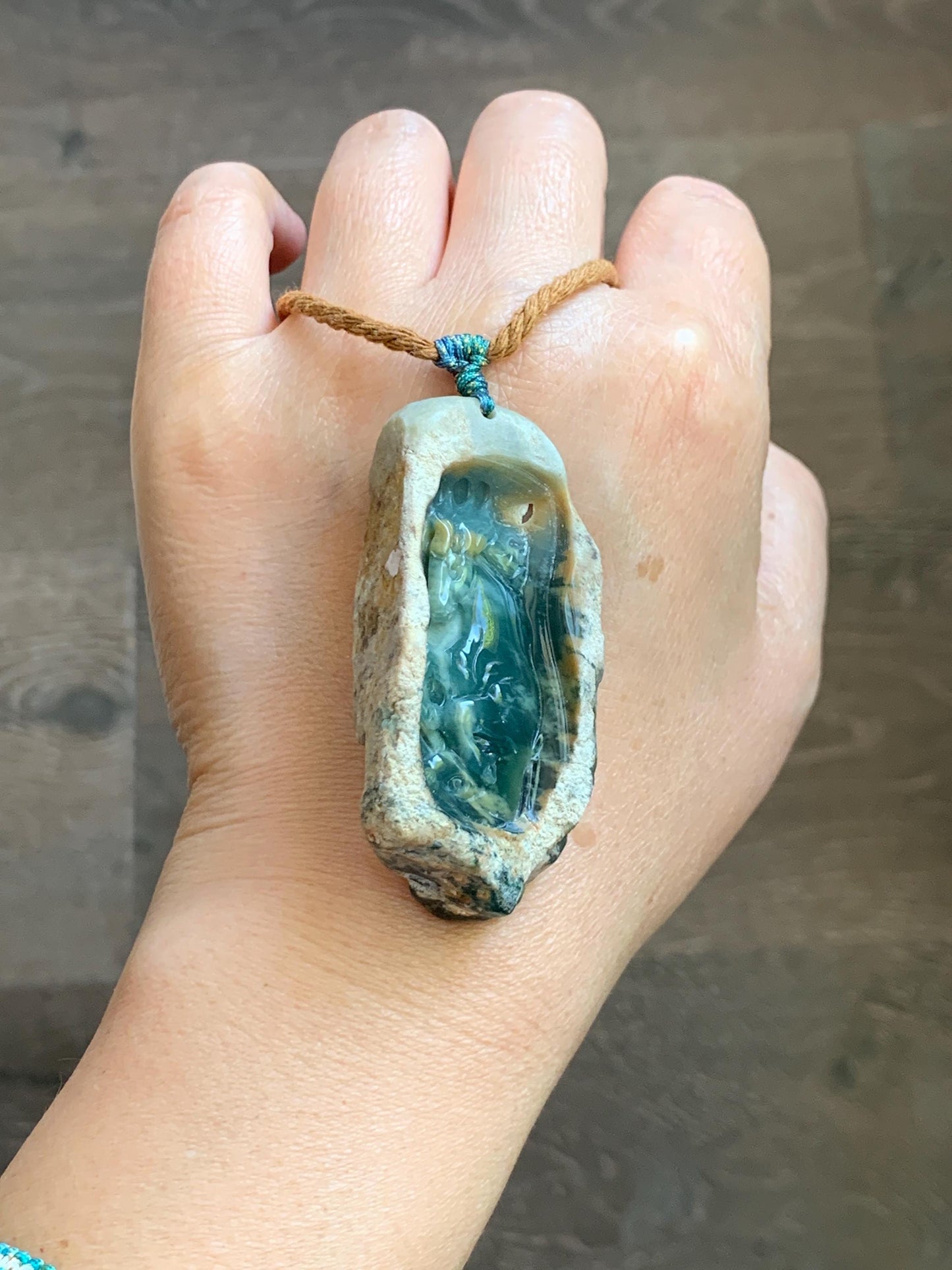 Natural Grade A Guatemalan Icy Dark Teal Blue Jade Jadeite with Rough Rind Carved Horse Pendant Rope Necklace 26" 47g 天然危蓝翡翠马牌皮壳料吊坠 WKM110