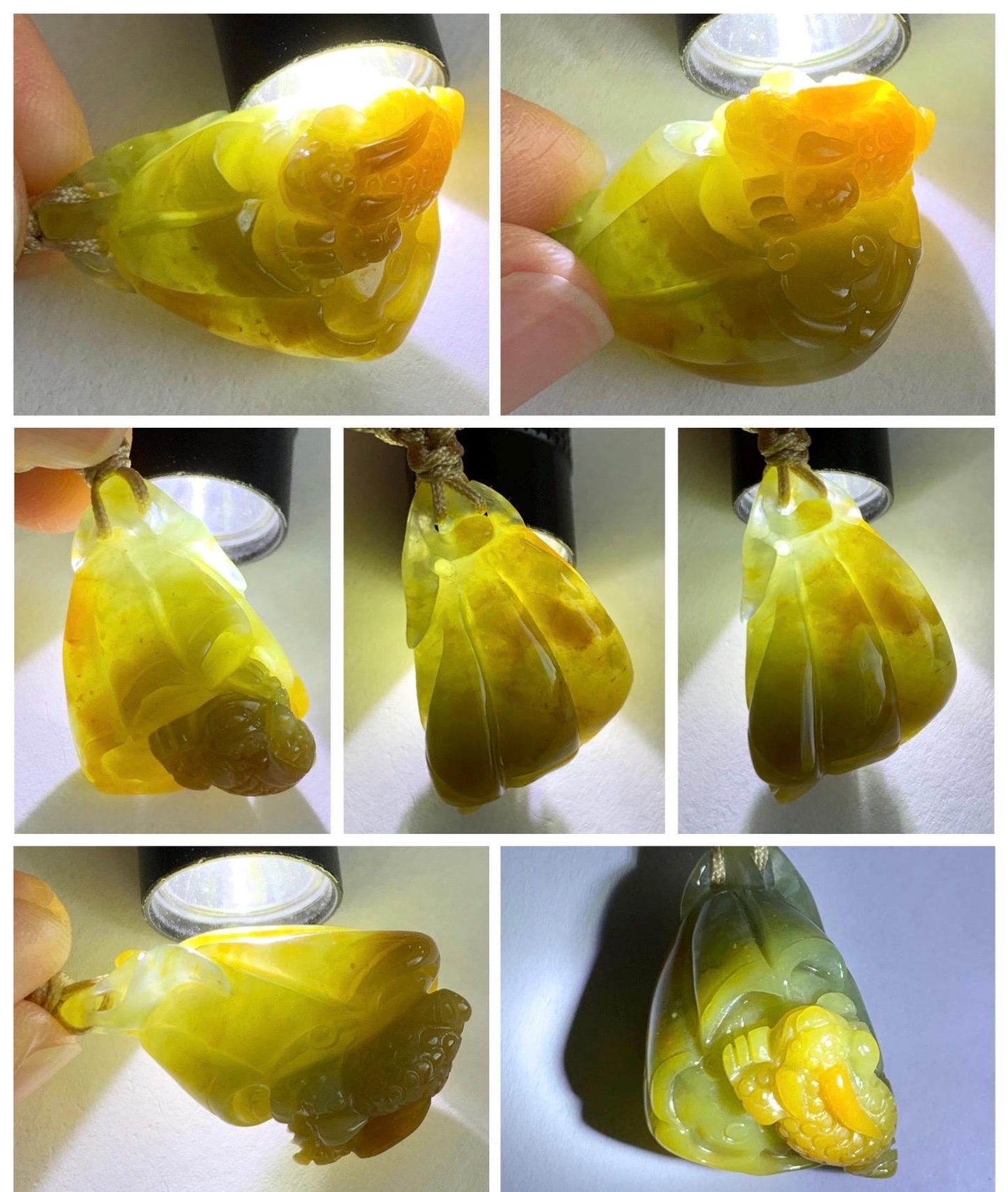 Natural Grade A Guatemalan Icy Translucent Yellow Marbled Jade Jadeite Lotus Pod 3-Legged Toad Pendant Rope Necklace 25” 天然冰危黄翡翠莲蓬金蟾吊坠WHC150