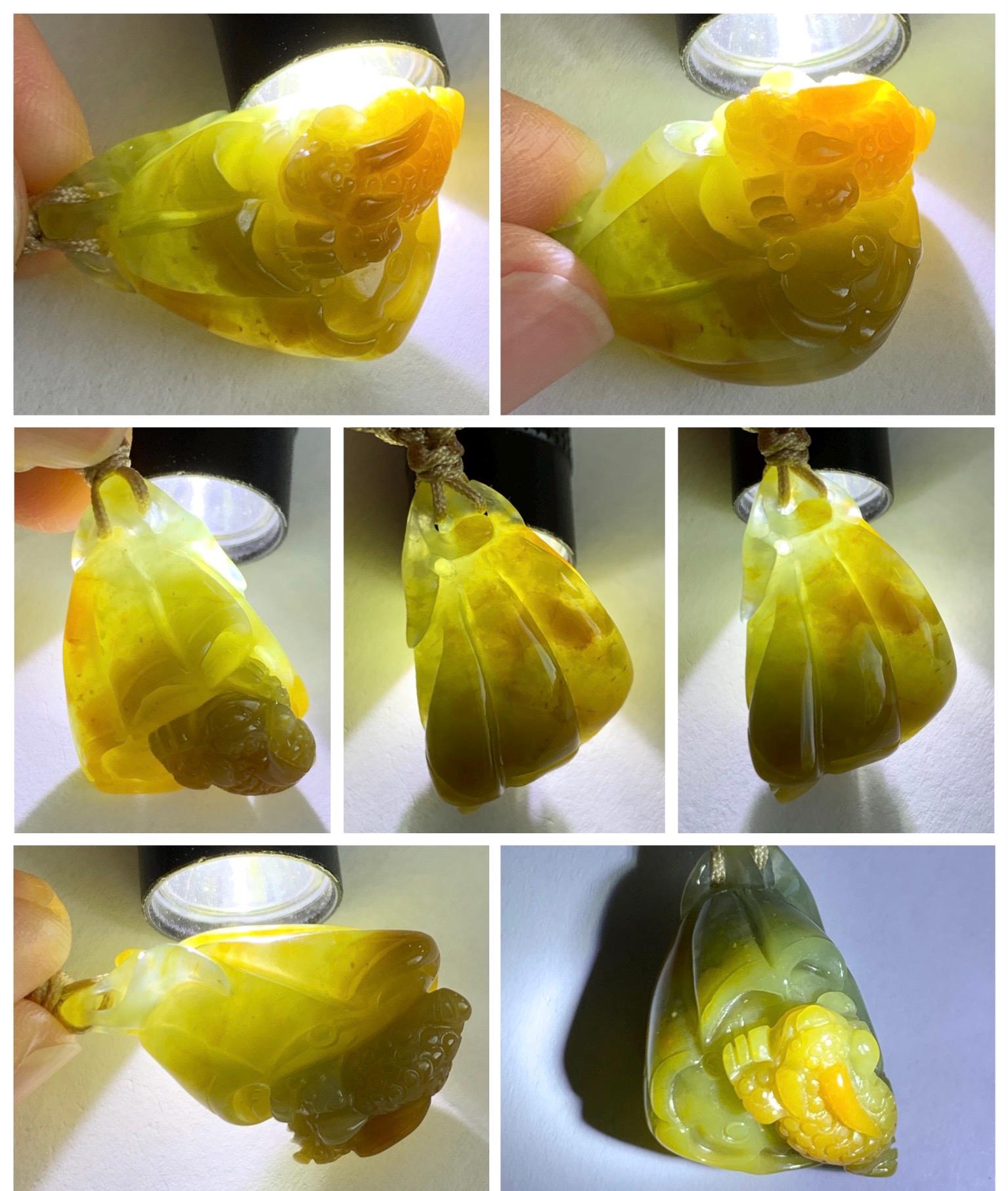 Natural Grade A Guatemalan Icy Translucent Yellow Marbled Jade Jadeite Lotus Pod 3-Legged Toad Pendant Rope Necklace 25” 天然冰危黄翡翠莲蓬金蟾吊坠WHC150