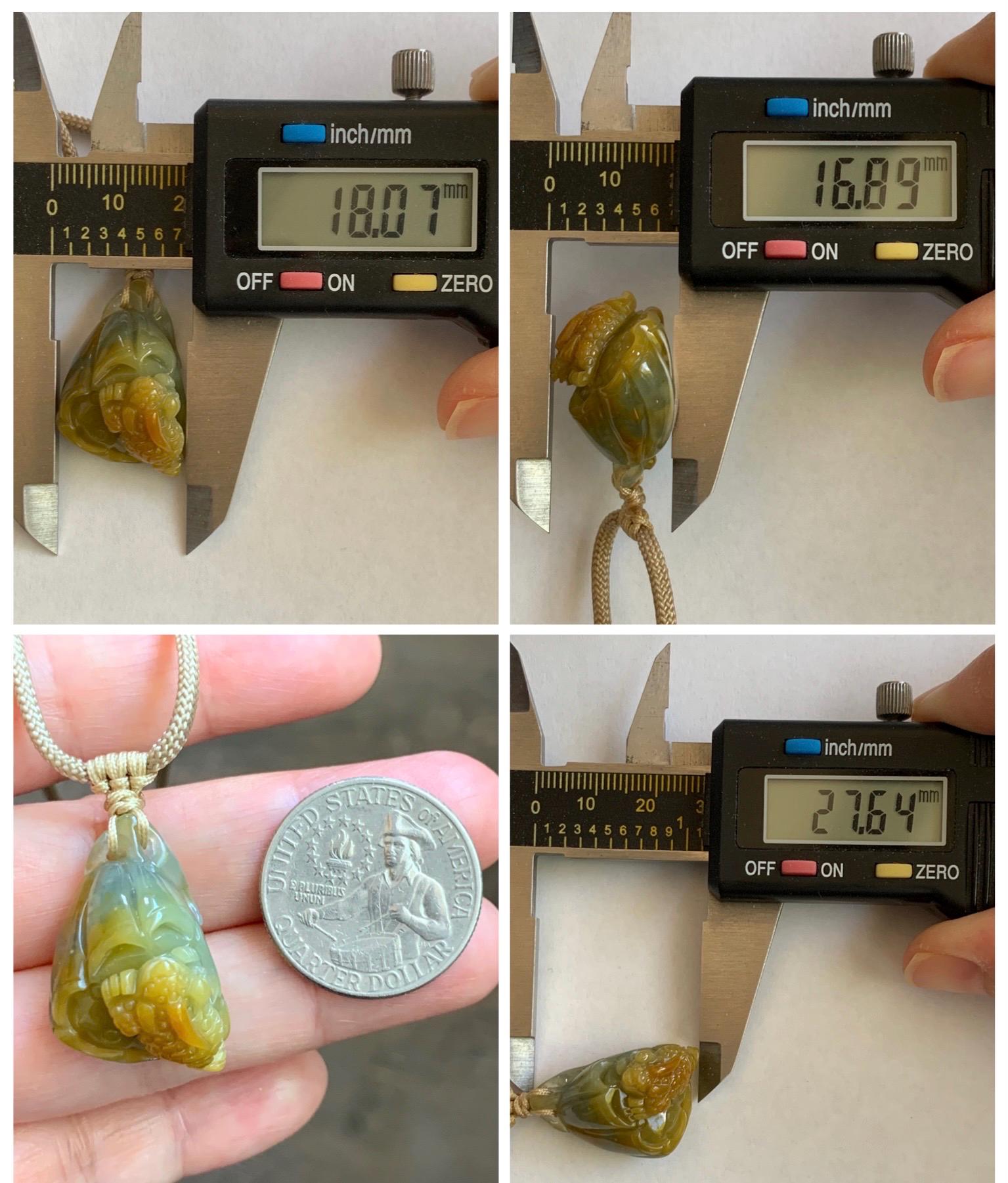 Natural Grade A Guatemalan Icy Translucent Yellow Marbled Jade Jadeite Lotus Pod 3-Legged Toad Pendant Rope Necklace 25” 天然冰危黄翡翠莲蓬金蟾吊坠WHC150