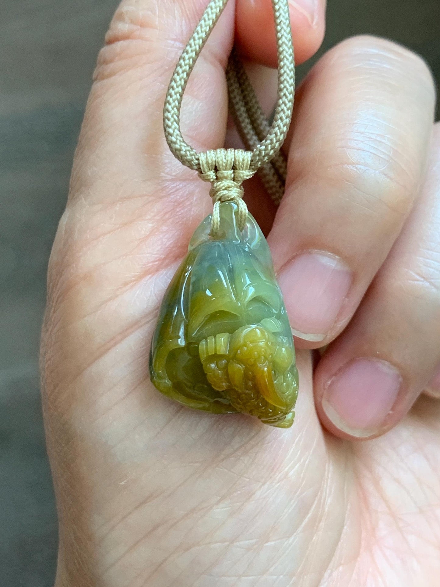 Natural Grade A Guatemalan Icy Translucent Yellow Marbled Jade Jadeite Lotus Pod 3-Legged Toad Pendant Rope Necklace 25” 天然冰危黄翡翠莲蓬金蟾吊坠WHC150
