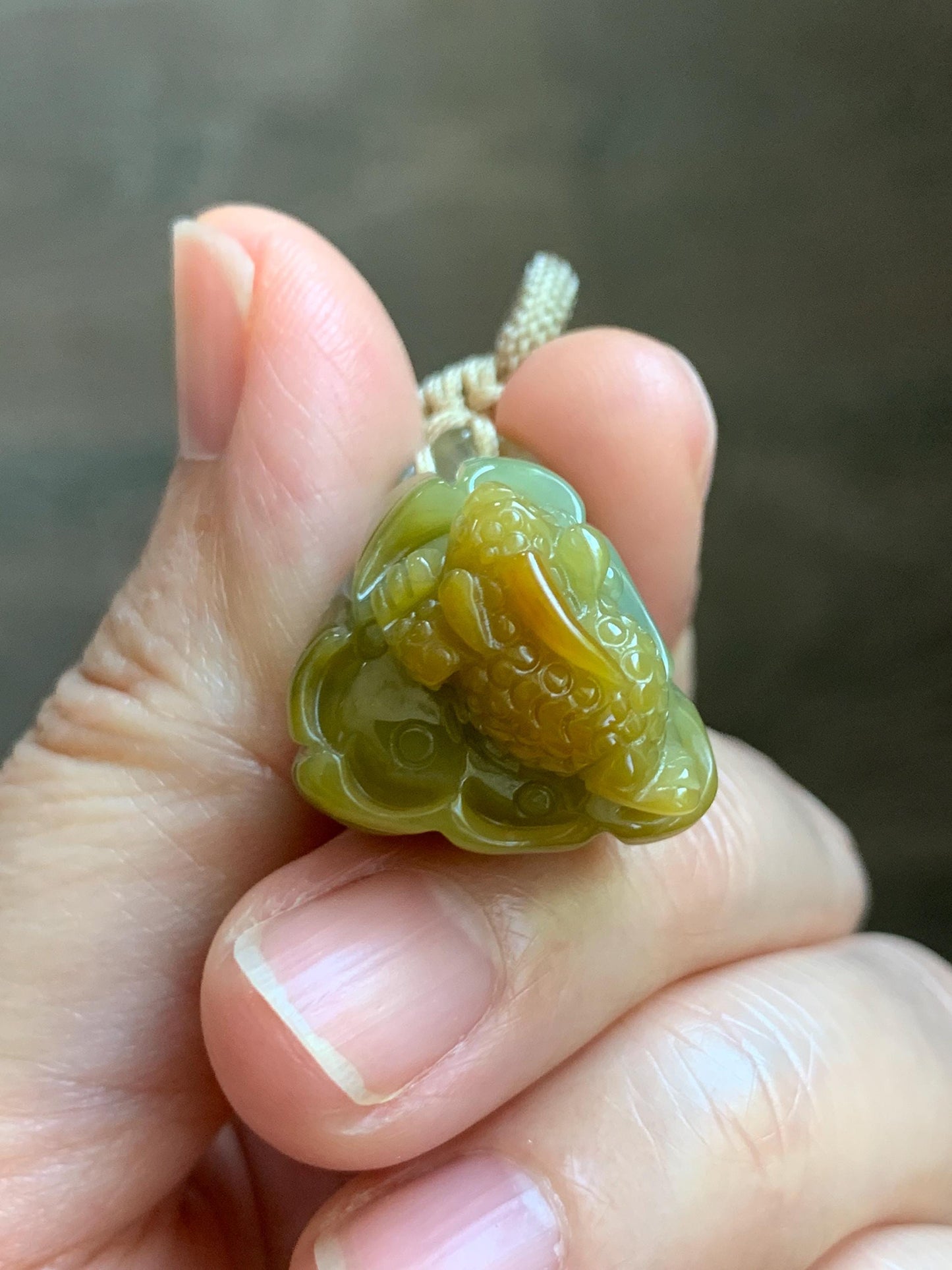 Natural Grade A Guatemalan Icy Translucent Yellow Marbled Jade Jadeite Lotus Pod 3-Legged Toad Pendant Rope Necklace 25” 天然冰危黄翡翠莲蓬金蟾吊坠WHC150
