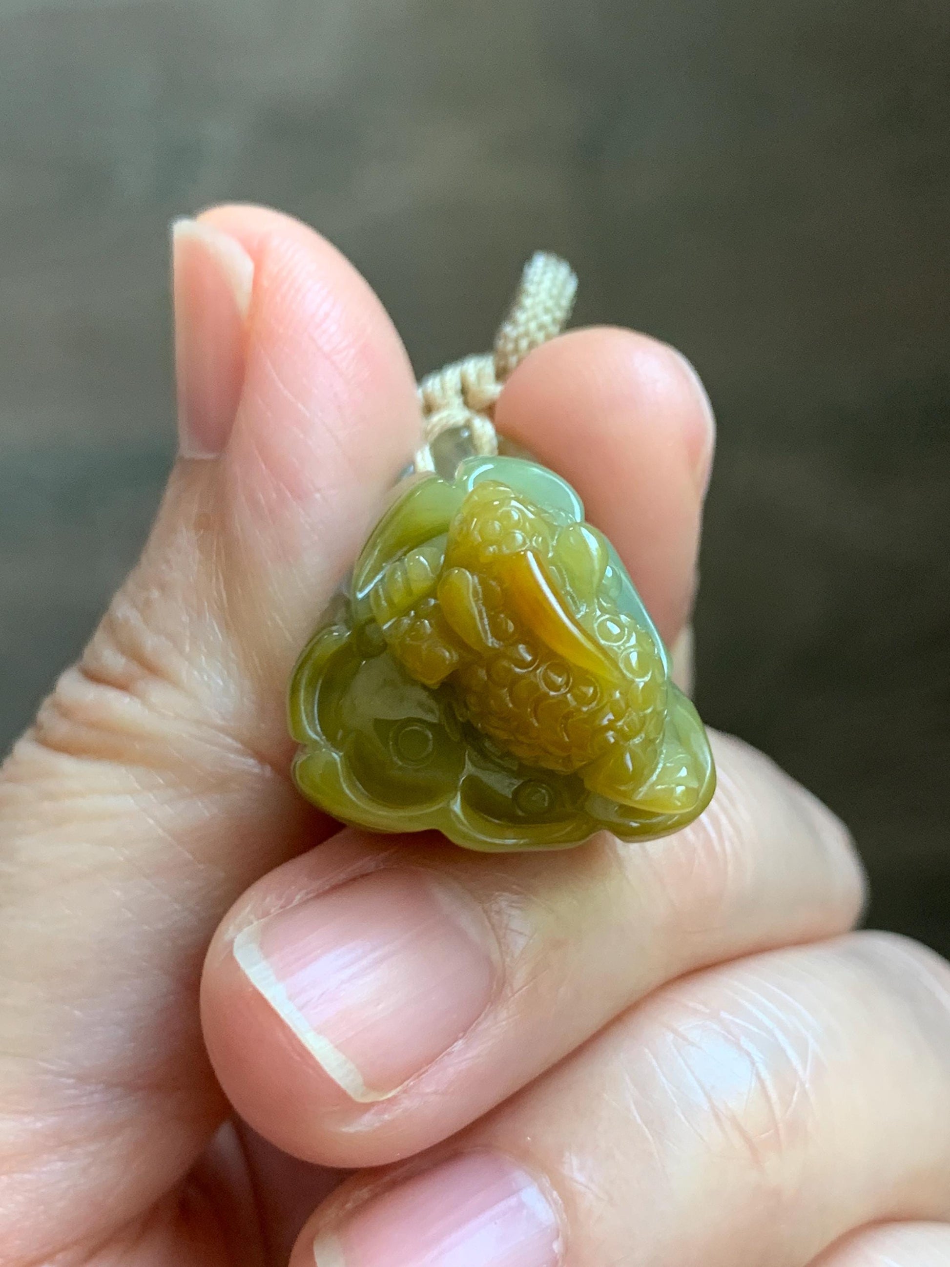 Natural Grade A Guatemalan Icy Translucent Yellow Marbled Jade Jadeite Lotus Pod 3-Legged Toad Pendant Rope Necklace 25” 天然冰危黄翡翠莲蓬金蟾吊坠WHC150