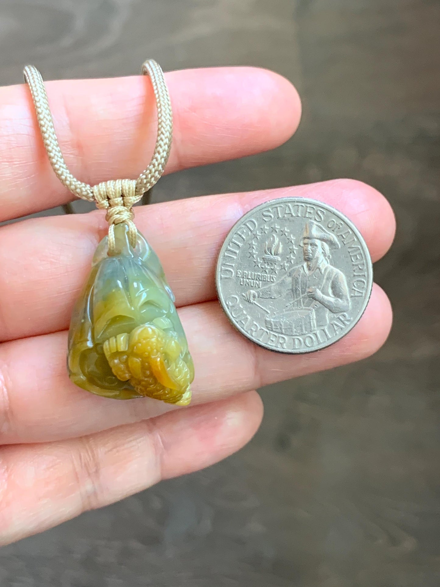 Natural Grade A Guatemalan Icy Translucent Yellow Marbled Jade Jadeite Lotus Pod 3-Legged Toad Pendant Rope Necklace 25” 天然冰危黄翡翠莲蓬金蟾吊坠WHC150