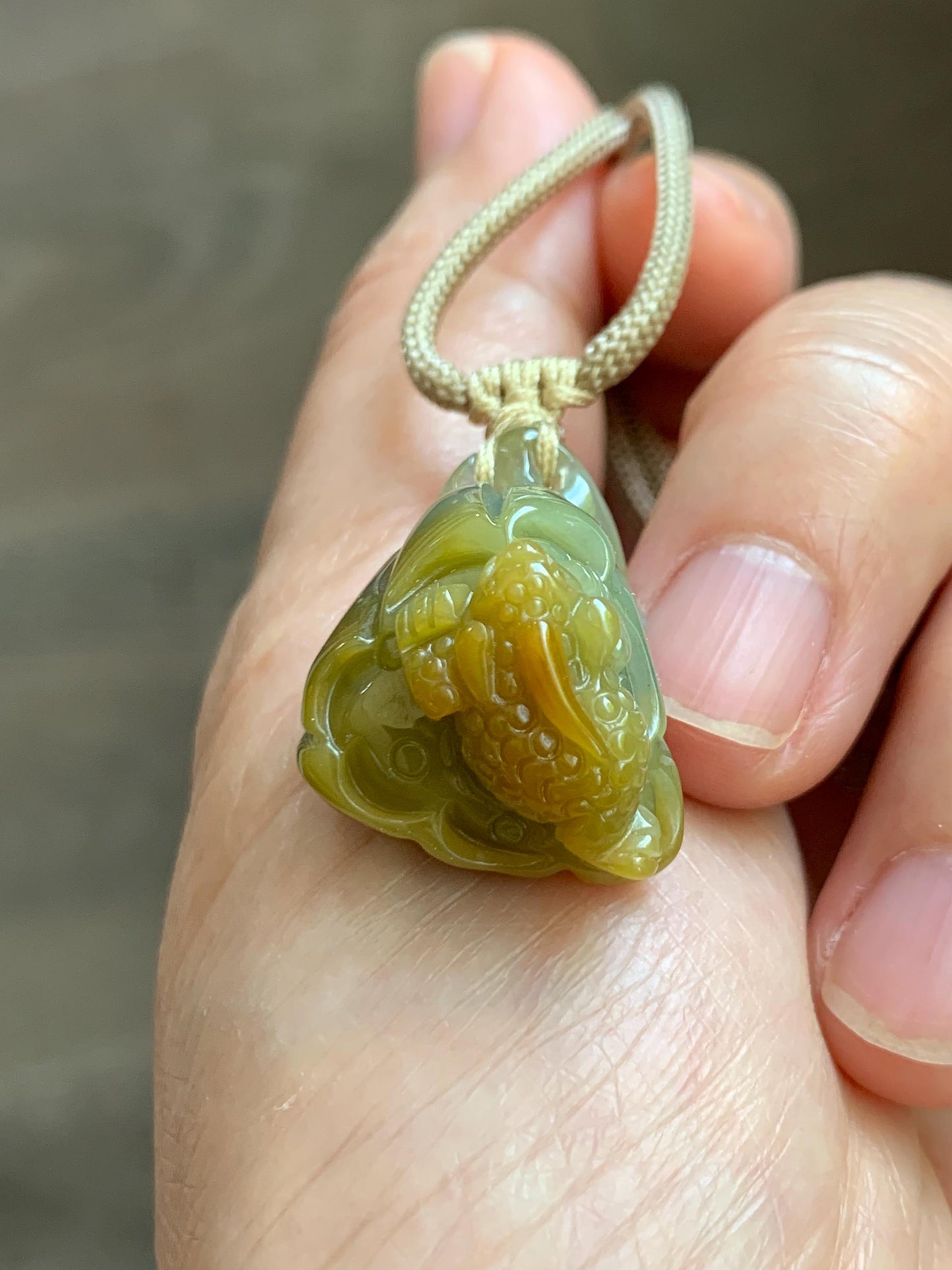Natural Grade A Guatemalan Icy Translucent Yellow Marbled Jade Jadeite Lotus Pod 3-Legged Toad Pendant Rope Necklace 25” 天然冰危黄翡翠莲蓬金蟾吊坠WHC150