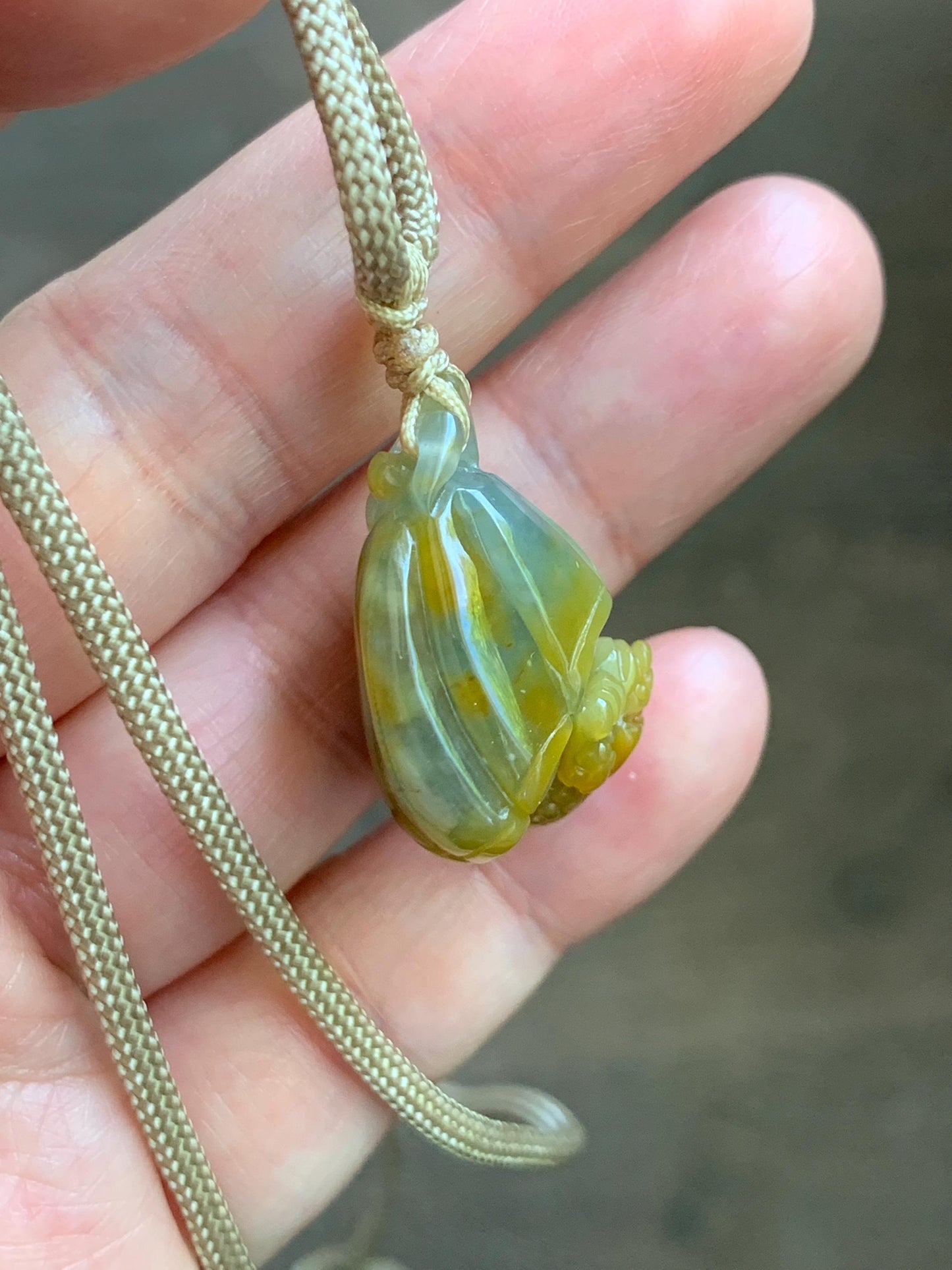 Natural Grade A Guatemalan Icy Translucent Yellow Marbled Jade Jadeite Lotus Pod 3-Legged Toad Pendant Rope Necklace 25” 天然冰危黄翡翠莲蓬金蟾吊坠WHC150