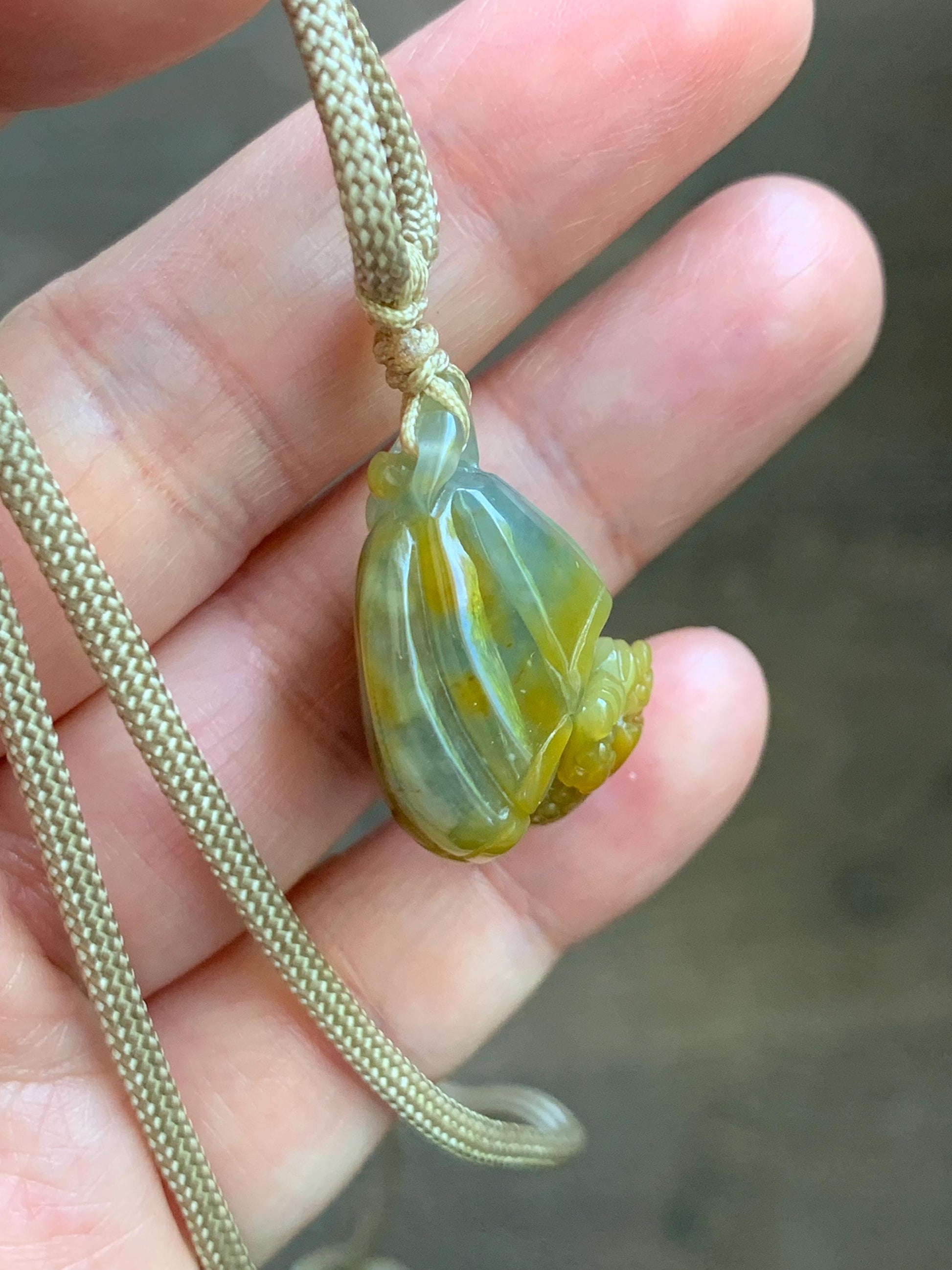 Natural Grade A Guatemalan Icy Translucent Yellow Marbled Jade Jadeite Lotus Pod 3-Legged Toad Pendant Rope Necklace 25” 天然冰危黄翡翠莲蓬金蟾吊坠WHC150