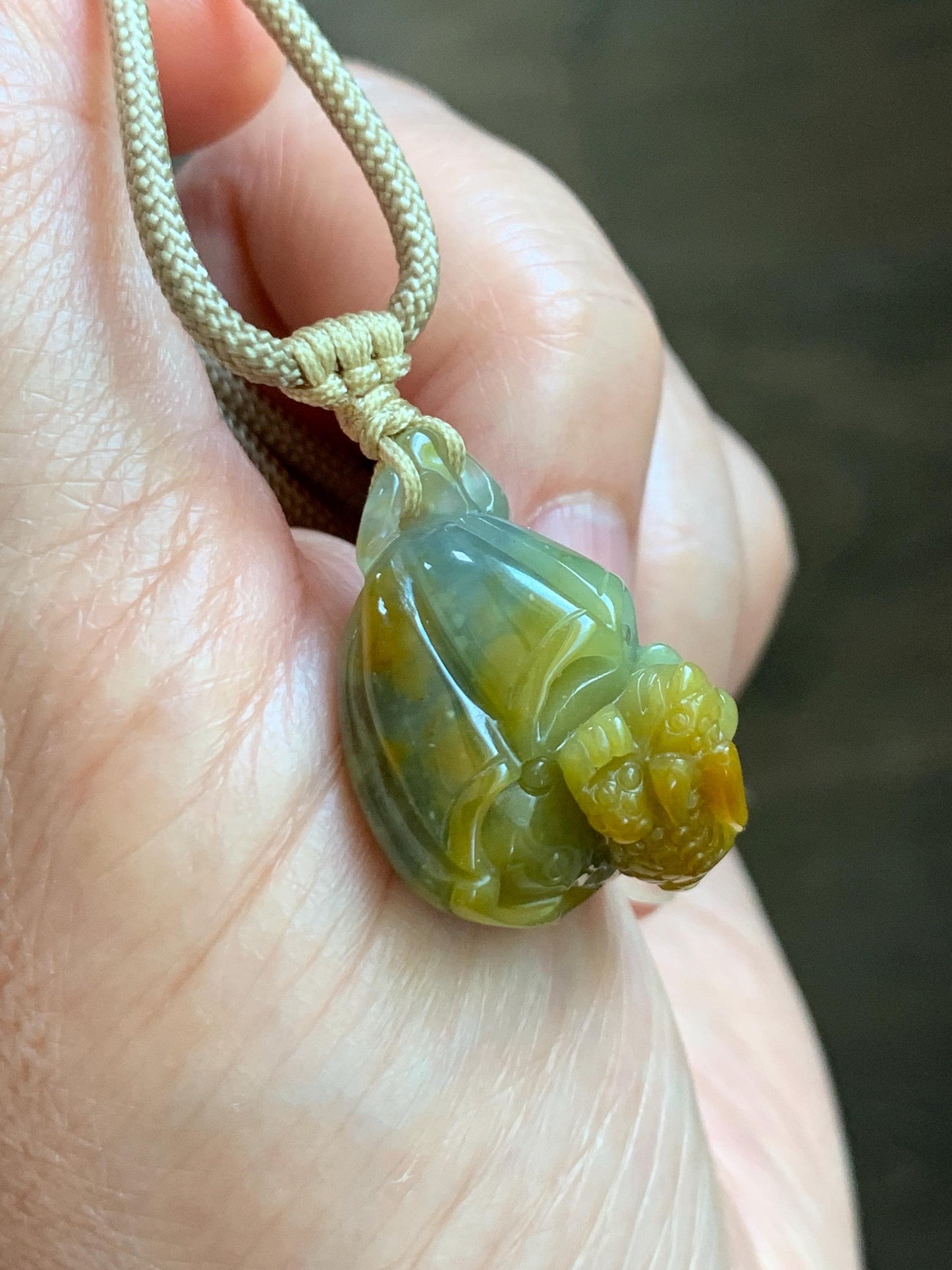 Natural Grade A Guatemalan Icy Translucent Yellow Marbled Jade Jadeite Lotus Pod 3-Legged Toad Pendant Rope Necklace 25” 天然冰危黄翡翠莲蓬金蟾吊坠WHC150