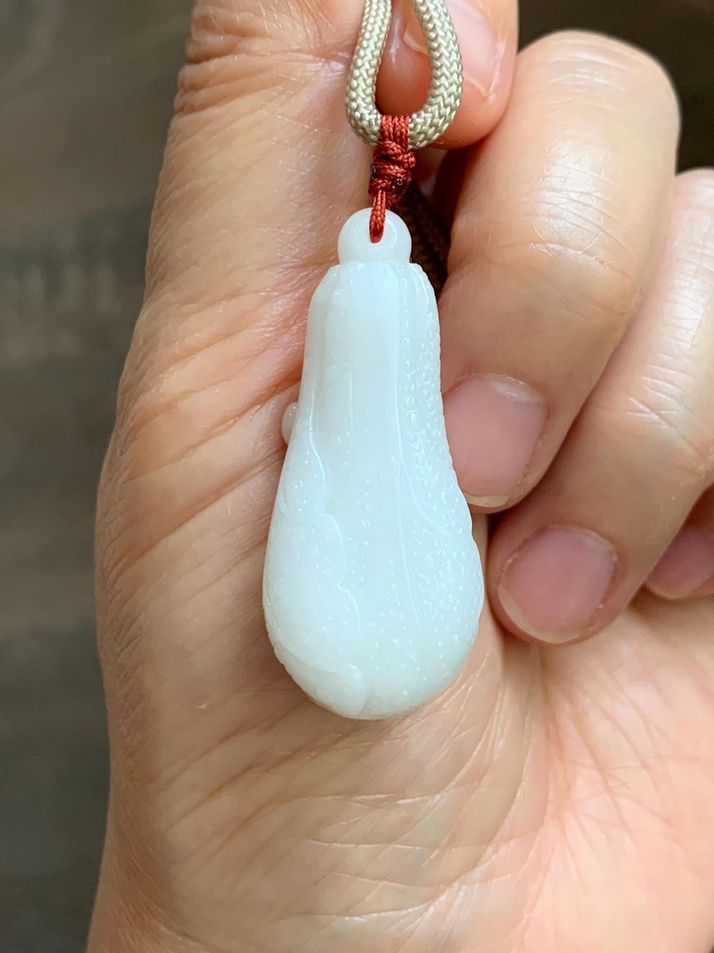 Natural Grade A Icy Translucent White Jadeite w/ Red Marbling Carved Cabbage Pendant Rope Necklace 24” 15g 天然细糯白冰飘红翡翠白菜百财吊坠 MBC320A