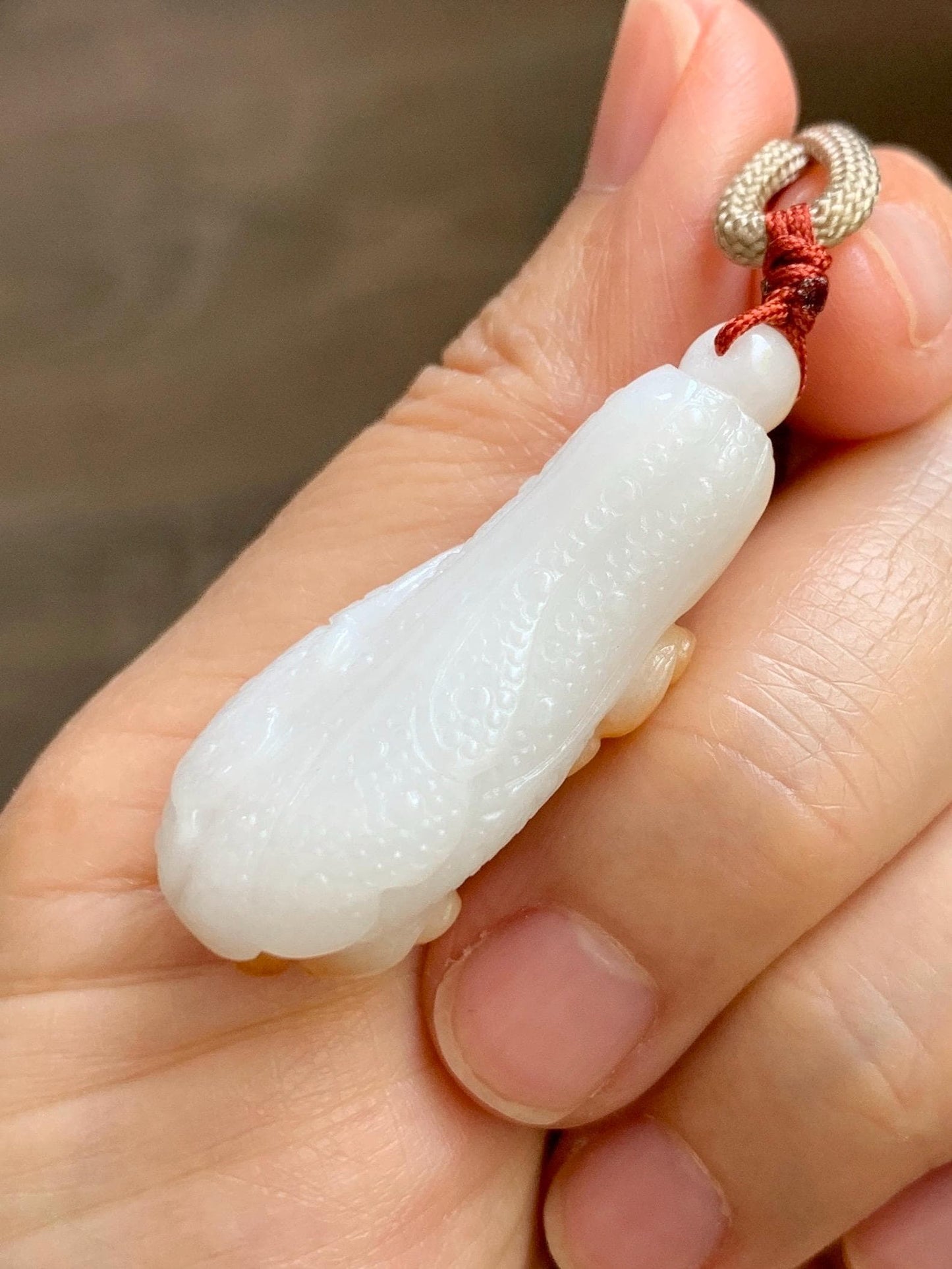 Natural Grade A Icy Translucent White Jadeite w/ Red Marbling Carved Cabbage Pendant Rope Necklace 24” 15g 天然细糯白冰飘红翡翠白菜百财吊坠 MBC320A