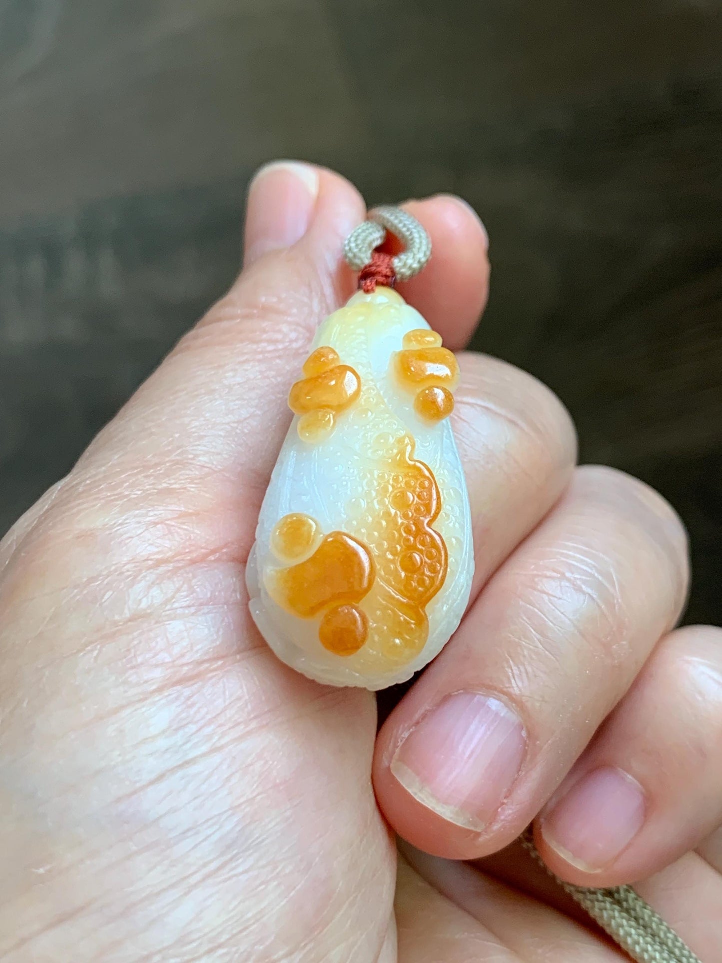 Natural Grade A Icy Translucent White Jadeite w/ Red Marbling Carved Cabbage Pendant Rope Necklace 24” 15g 天然细糯白冰飘红翡翠白菜百财吊坠 MBC320A
